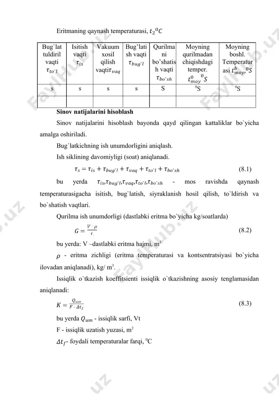 k o`tkazishning asosiy tenglamasidan aniqlanadi: (8.3) bu yerda - issiqlik sarfi, vt f - issiqlik uzatish yuzasi, m2 - foydali temperaturalar farqi, 0c issiqlik sarfi eritmani qaynash temperaturasigacha isitish, bug`latish va atrof muhitga sarflanadigan issiqlik miqdorlarining yigindisidan iborat. eritmani qaynash temperaturasigacha isitish uchun issiqlik miqdori quyidagi formula yordamida aniqlanadi: (8.4) bu yerda - dastlabki eritma miqdori s – eritmaning solishtirma issiqlik sig`imi, - eritmaning boshlang`ich temperaturasi, - eritmaning qaynash temperaturasi, bug`latish uchun sarflangan issiqlik miqdori (8.5) bu yerda w - bug`latishda ajralgan ikkilamchi bug`ning miqdori, kg - solishtirma bug` hosil bo`lish issiqligi, qurilmadagi bosimga ko`ra jadvaldan olinadi. qurilmadagi bosim vakuumetr ko`rsatkichiga ko`ra quyidagicha aniqlanadi: (8.6) bug`latishda ajralgan ikkilamchi bug` miqdori moddiy balans tenglamasidan aniqlanadi: (8.7) atrof muhitga sarflangan issiqlik miqdori 2% ga teng. u holda umumiy issiqlik sarfi: (8.8) temperaturalar farqi quyidagicha aniqlanadi: (8.9) bu yerda - moyning o`rtacha temperaturasi, 0 s, 15, 16 - termometrlar ko`rsatkichiga ko`ra aniqlanadi. issiqlik …