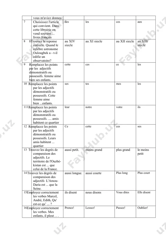 de comparaison des adjectifs l'amou-daria est ... que la seine. aussi longue. aussi courte plus long plus court 15 employez correctement les verbes marcel, andré, edith, qu' est-ce qu’ ... ? ils disent nous disons vous dites ells disent 16 employez correctement les verbes. mes enfants, il pleut . . . vos parapluies ! prenez! lessez! passez! oublier! 17 employez correctement les verbes. il est déjà tard,mes amis,...! dépêchez-vous. ne vous levez pas asseyons-nous arretez -vous 18 choisissez bien les prépositions. la séance consacrée ...la fête des femmes a lieu le 8 mars pour a de en 19 a) choisissez bien les prépositions. le sous-sol français est riche ... fer. du avec en de 20 choisissez bien les prépositions. le professeur est content ... cette réponse. de du des les 21 choisissez les articles qui conviennent. ... nom de pierre curie est bien connu. le la les de 22 choisissez …