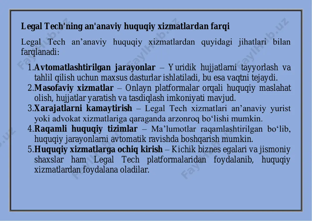 y shaxslar ham huquqiy maslahat va xizmatlardan foydalanish imkoniyatiga ega bo‘ldi. legal tech’ning jahon huquqiy tizimlariga ta’siri bugungi kunda aqsh, yevropa, xitoy va boshqa davlatlarda legal tech keng rivojlangan. masalan:  aqshda "rocket lawyer", "legalzoom" kabi platformalar huquqiy xizmatlarni ommaga yaqinlashtirishda muhim rol o‘ynamoqda.  britaniyada sun’iy intellekt asosida ishlaydigan ravn systems va ross intelligence kompaniyalari huquqiy tadqiqot va tahlil jarayonlarini avtomatlashtirish bilan shug‘ullanmoqda.  xitoyda legal tech startaplari ai asosida sud qarorlarini prognoz qilish bo‘yicha faoliyat yuritmoqda. legal tech’ning rivojlanishi kelajakda yanada kuchayishi kutilmoqda, chunki kompaniyalar va davlat muassasalari huquqiy jarayonlarni raqamlashtirishga tobora ko‘proq mablag‘ ajratmoqda. muhim rol o‘ynamoqda. 2. legal tech tarixi va uning rivojlanish bosqichlari legal tech tarixiga qisqacha nazar legal tech tushunchasi nisbatan yangi bo‘lsa-da, uning rivojlanishi yuridik xizmatlar va texnologiya sohalarining kesishish nuqtasidan boshlangan. huquqiy texnologiyalar tarixi bosqichma-bosqich rivojlanib, dastlab yuridik hujjatlarni elektron shaklda saqlash va boshqarishdan boshlab, bugungi kunda sun’iy intellekt va blokcheyn texnologiyalariga …
