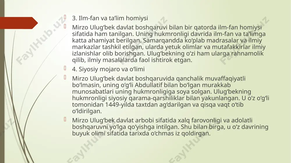 r qatorda matematikaga ham katta hissa qo‘shgan. u trigonometriya sohasida yangi yutuqlarni qo‘lga kiritgan va sinuslar va tangenslar jadvallarini yaratgan. bu jadvallar keyinchalik g‘arb va sharq olimlari tomonidan ham keng qo‘llanilgan. ulugʻbekning ilmiy faoliyati sharq matematik maktabining rivojlanishiga katta hissa qo‘shgan. 4. ilm-fanning rivojlanishiga qo‘shgan hissasi ulugʻbek faqat ilmiy kashfiyotlar qilish bilan cheklanmagan, balki o‘z davrining olimlarini bir joyga to‘plab, ilmiy izlanishlarni rivojlantirish uchun imkoniyatlar yaratgan. uning rahbarligida samarqand ilmiy markazi nafaqat astronomiya, balki matematika, falsafa va boshqa fanlar bo‘yicha ham yetakchi ilmiy markazlardan biriga aylangan. ulugʻbek o‘z davrining yetuk olimlari, jumladan, ali qushchi kabi matematik va astronomlarni qo‘llab-quvvatlagan. 5. ulugʻbekning ilmiy merosi mirzo ulugʻbekning ilmiy ishlari keyingi asrlarda yevropa va sharq olimlari tomonidan keng o‘rganilgan va foydalanilgan. uning astronomik kuzatishlari va matematik jadvallari butun dunyo ilmiy jamoatchiligi tomonidan qimmatbaho ilmiy manba sifatida tan olingan. ulugʻbekning asarlari orqali yevropa renessans davrida ko‘plab olimlar o‘z kashfiyotlarini amalga oshirgan. mirzo ulugʻbekning ilmiy …