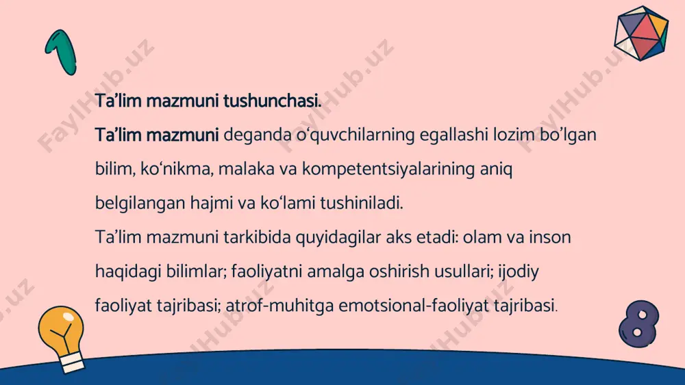 zmunida aks ettiriladi. ta’lim mazmunini loyihalashtirishda quyidagi mezonlarga asoslaniladi: 1 )ta’lim mazmunini mustaqil fikr yuritish va axborot iste’moli madaniyatini shakllantirish ehtiyojiga muvofiq loyihalashtirish; 2)ta’lim mazmunining aniq ilmiy va amaliy ahamiyat kasb etishi; 3)ta’lim mazmunining murakkablik darajasini hisobga olish, o‘quvchilar imkoniyatlarining mavjud о‘quv dasturlariga mosligi; 4)ta’lim hajmining uni o‘rganishga ajratiladigan vaqtga mosligi; 5)ta’lim muassasalari moddiy-texnik bazasining zamonaviy talablarga javob berishi; 6)ta’lim mazmunini loyihalashda ilg‘or xorijiy tajribalarni hisobga olish. ta’lim mazmunini belgilovchi me’yoriy hujjatlar. ta’lim mazmunini belgilab beruvchi eng asosiy me’yoriy hujjat davlat ta’lim standartidir. «standart» ingliz tilidan tarjima qilinganda «me’yor», «namuna», «andoza», «model» ma’nolarini anglatadi. standart yordamida, respublika miqyosidagi turli ta’lim muassasalarida ta’limning barqarorlik darajasini ta’minlashga erishiladi, o‘quv ishlari normativlari moslashtiriladi, o'quvchilarning bilimlarini baholash mezonlari ishlab chiqiladi. davlat ta’lim standartining maqsadi . davlat ta’lim standartining maqsadi - umumiy o‘rta ta’lim tizimini mamlakatda amalga oshirilayotgan ijtimoiy-iqtisodiy islohotlar, rivojlangan xorijiy mamlakatlarning ilg‘or tajribalari hamda ilm-fan va zamonaviy axborot-kommunikatsiya texnologiyalariga asoslangan holda tashkil etish, …