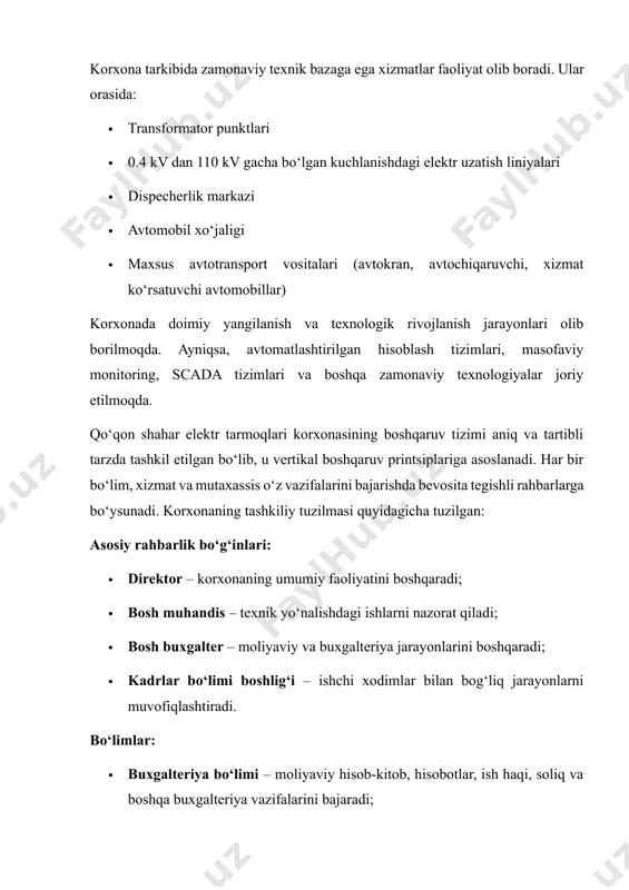 ariyat uchun muhim boshqaruv qarorlarini qabul qilishda asosiy axborot manbai hisoblanadi. amaliyot davomida buxgalteriya bo‘limining vazifalari doirasida kundalik xo‘jalik operatsiyalarini rasmiylashtirish, buxgalteriya yozuvlariga kiritish, moliyaviy hisobotlarni shakllantirish va soliq organlariga zaruriy hujjatlarni topshirish ishlari qanday tashkil etilishi bilan tanishdim. buxgalteriya ishlarining aksariyati zamonaviy kompyuterlashtirilgan tizim – “1c: buxgalteriya” dasturi orqali amalga oshiriladi. bu dastur buxgalterlar ishini sezilarli darajada soddalashtiradi va ma’lumotlarni tezkor qayta ishlash imkonini beradi. dastur orqali barcha turdagi moliyaviy operatsiyalar – mahsulotlar kirimi va chiqimi, xizmatlar ko‘rsatilishi, bank va kassa operatsiyalari, ish haqi hisoblash, soliq va ijtimoiy ajratmalarni hisoblash kabi jarayonlar yuritiladi. har bir buxgalter o‘ziga tegishli soha uchun mas’ul bo‘lib, ular orasida asosiy vositalar, kassa, ish haqi, soliqlar, hisob-kitoblar, balans va moliyaviy hisobotlar bo‘yicha mas’uliyatlar aniq taqsimlangan. amaliyot davomida men buxgalteriya hujjatlarining yuritilishi va saqlanish tartibi, ularni rasmiylashtirish va arxivlash qoidalari bilan tanishdim. jumladan, kirim va chiqim orderlari, hisob-fakturalar, kassa kitobi, to‘lov topshiriqlari, asosiy vositalar harakati jurnali, …
