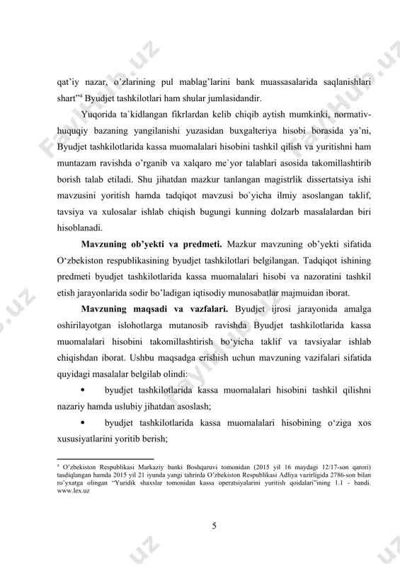 hatdan asoslash; · byudjet tashkilotlarida kassa muomalalari hisobining o‘ziga xos xususiyatlarini yoritib berish; · byudjet tashkilotlarida kassa muomalalari hisobini tashkil etishning zarurligini asoslash; · byudjet tashkilotlarida kassa muomalalari hisobini yuritishda xujjatlashtirish, hisoblashuvlarni hisobvaraqlar va hisob registrlarida aks ettirish tartibini batafsil yoritish; · byudjet tashkilotlarida kassa muomalalarining nazoratini tashkil etish masalalarini yoritish; · byudjet tashkilotlarida kassa muomalalari hisobini takomillashtirish bo‘yicha takliflarni asoslash. bmi mavzusi bo`yicha adabiyotlar sharhi (tahlili). ushbu mavzuni o`rganish va tahlil qilish yuzasidan xorijlik va yurtimizning taniqli olimlari tomonidan byudjet tashkilotlarida buxgalteriya hisobi, jumladan kassa muomalalari hisobi va nazorati, shuningdek, xalqaro standartlardan foydalanish muammolariga bag’ishlangan tadqiqotlar, ilmiy asarlar, risolalar mavjud. byudjet tashkilotlarida kassa muomalalarihisobi va nazoratini tashkil etishning ayrim nazariy va uslubiy jihatlari xorijlik iqtisodchi olimlar tomonidan o’rganilgan. ular jumlasiga e.bracci, c.guthrie, c.humphrey, l.jones, j.moll, o.olson, hamda i.steccolini kabilarni kiritish mumkin[footnoteref:5]. jumladan mdh mamlakatlarida byudjet tashkilotlarida kassa muomalalari hisobini tashkil etish hamda yuritishning ayrim masalalari l.n.alexina, o.e.kachkova, e.v.melnikova, m.a.ryabova, …