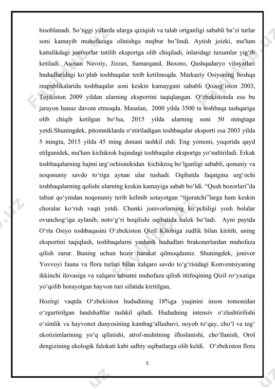 o‘lib qoldi. yaqin kunlarda o‘zbekiston qizil kitobiga yana bir jonivor turi, oddiy dasht toshbaqasi kiritiladi. bugungi kunda amaldagi qonunchilikka asosan bir dona toshbaqani ushlab sotganlik uchun o‘zbekiston respublikasi fuqarosiga eng kam ish haqining ikki barobari miqdorida, xorijiy davlat fuqarosi uchun esa 100 aqsh dollari miqdorida jarima belgilangan. jonivorlar populyatsiyasini tiklash, farzandlarimiz faqatgina terrariumlarda emas, yovvoyi tabiat qo‘ynida yayrayotgan toshbaqalarni ko‘rishlari uchun o‘zbekistonda toshbaqalarni ko‘paytirish pitomniklar sonini oshirish lozim. ularning bir qismini tijorat maqsadida foydalanilsa, ikkinchi qismini tabiat qo‘yniga qo‘yib yuborish zarur. shuningdek, toshbaqalarning noqonuniy savdosi va ularni ushlash borasidagi jazo choralarini qat'iylashtirish maqsadga muvofiqdir. hozirgi vaqtda o‘zbekistonda sudralib yuruvchilarning 62 turi mavjud bo‘lib, ularni o‘rganuvchi faqat bir nechta mutaxassis – gerpetologlar bor. hatto o‘zbekiston fanlar akademiyasi zoologiya instituti tuzilmasida ham shunday mutaxassislar bor-yo‘g‘i uch nafarni tashkil etadi. markaziy osiyo toshbaqasi yevropa, yaponiya va aqshda sevimli taom hisoblanadi. uning tashqi bozorlardagi narxi 150 dollardan boshlanadi. shu bois, bahorda navoiy va jizzax …