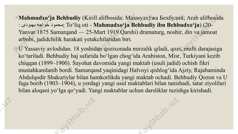 g urf-udumlari, turmush madaniyati bilan qiziqadi. ayniqsa, din, eʼtiqod masalalariga katta ahamiyat beradi. „oyna“ jurnali[tahrir | manbasini tahrirlash] „oyna“ jurnalida millat va uning haq-huquqiga, tarixiga, til va adabiyot masalalariga, dunyo ahvoliga doir qiziqarli maqolalar, bahslar berib borilgan. behbudiy millatning taraqqiysi uchun bir necha til bilishni shart hisobladi. jurnalning birinchi sonidayoq „ikki emas, toʻrt til lozim“, degan maqola bilan chiqib, oʻzbek, tojik, arab, rus va hatto biror uzoq xorij (masalan, fransuz) tilini bilish shart deb hisobladi. ayni paytda tilning muhofazasi („har millat oʻz tili ila faxr etar“ –1914, № 35), oʻzaro munosabatlari („til masalasi“ – 1915, № 11,12) haqida muhim va zarur maqolalar chop etdi. adabiy tanqidga katta eʼtibor berdi. uning xususiyatlarini belgilashga urindi. boshqa adabiy janrlar bilan tenghuquqligi masalasini koʻtardi („tanqid saralamoqdir“ – 1914, № 27). millat shaʼnini oyoqosti qiluvchi fikrqarashlarga zarba berib, turkiston xalqini oʻz nomi bilan atamoq lozimligini talab qilib chiqdi („sart soʻzi majhuldur“ 1915, № 22,23,25,26). maqolalari[tahrir …