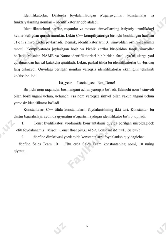 gcha yuqorida if ga tegishli bo’lgan blok bitta ifodadan (maktabiborat. shu sababli nuqtavergul qo’yilishi shart. buni aytib o’tishimizning sababi, masal pascalda hech narsa qo’yilmasligi shart. c++ da bitta ifosa turgan joyga ifodalar guruhini {} qavslarda olingan holda qo’ysa bo’ladi. masalan: if (yosh >= cout 120) cout 100) cout 85) cout # define mas_max 10 main xulosa. biz hozir gauss usulida berilgan 3 noma’lumli istalgan tenglamani yecha oladigan, istalgancha qiymatli massivni summasi, maksimal va minimal elementlarini hisoblash uchun xizmat qiladigan dastur tuzdik. bu insonni ortiqcha ovoragarchilik yoki hisob kitobdagi chalkashib ketish yoki shunga o’xshash tushunmovchiliklardan qutqaradi. balki bu dasturning ba’zi kamchiliklari bo’lishi, u ba’zi qiymatlarda noto’g’ri natija chiqarishi yoki shunga o’xshash noqulayliklar yaratishi mumkin. ishonamanki, u boshqa shunga o’xshash masalalarni hal qilishda meni, ya’ni o’z egasini yuzini yerga qaratmaydigan dasturdir. lekin har holda u oldimizga qo’yilgan masalani yechishda katta yordam berdi. foydalanilgan adabiyotlar. 1. jess liberti, “освой самостоятельно с++ за 21 …