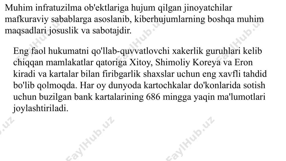 iqarishi mumkin. oxir oqibat, kiberxavfsizlik siz faoliyat ko'rsatayotgan sohaga va duch kelayotgan muammolarga qarab turli xil ta'sirga ega bo'ladi. hujumchilarning arsenalida masofadan boshqarish uchun mo'ljallangan qonuniy atm dasturiga kiritilgan modul paydo bo'ldi. fireeye tadqiqotchilari guruhi buzib kiruvchi zararli dasturlarning bir nechta namunalarini topdilar va ularga boostwrite deb nom berishdi. shu bilan birga, fin7 guruhidagi xakerlar bilan bog'langan carbanak bekdorlari, shu jumladan, ko'plab peyloadlar xotiraga yuklanishi mumkin. bundan tashqari, boostwrite rat-rdfsniffer zararli dasturini atm tizimiga etkazib beradi. boostwrite boostwrite zararlantirish jarayonida zararlantiruvchi operatorlardan olingan shifrlash kalitlari yordamida peyloadni parolini chiqaradi. keyinchalik, o'z dll-ni infektsiyalangan bankomat xotirasiga yuklaydi. o'rnatilgan zararli tarkibiy qismlarning shifrini ochish uchun tegishli kalit kerak. "ko'rinishidan, foydali yuklamalar pe32.dll kutubxonalari bo'lib, ular muvaffaqiyatli hujum qilinganida, fayl tizimiga tegmasdan ham xotiraga yuklanadi", - deb yozadilar mutaxassislar. milliy kiberxavfsizlik va axborot xavfsizligi strategiyalari jumladan, 2020 — 2023 yillarga mo‘ljallangan kiberxavfsizlikka doir milliy strategiyani, “kiberxavfsizlik to‘g‘risida” gi qonun loyihasini hamda o‘zbekiston respublikasi …