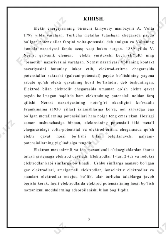 da boradigan jarayonlar. metall-eritma chegarasida potensiallarning hosil bo’lishi. zaryadli zarrachalardan tashkil topgan geterogen sistemalarning fazalar bo’linish chegaralarida elektr potensiallar farqi hosil bo’ladi. masalan, ikki xil metalning bir–biriga tegish chegaralarida kontakt potensiallar farqi yuzaga keladi. bu hodisa 1800 yilda volta tomonidan aniqlangan. potensiallar farqi bir metalldan ikkinchi metallga elektronlar oqib o’tishi tufayli hosil bo’ladi va natijada ikkala metall ham qarama-qarshi ishorali zaryadlanib qoladi. metallar zaryadining ishorasi elektronlarning chiqish ishi bilan aniqlanadi, ya’ni metalldan elektronni ajratib chiqarish zarur bo’lgan zaryaddir. bir-biriga tegib turgan ikki metalldan elektronni chiqish ishi kichik bo’lgani musbat zaryadlanadi. masalan, mis va temirda elektronning chiqish ishi mos ravishda 7,12·10-19 va 7,90·10-19 j. demak, elektronning misdagi chiqish ishi temirdagidan kichik, ya’ni bu metallar bir-biriga tekkazilsa elektronlar misdan temirga o’tadi va natijada mis musbat temir esa manfiy zaryadlanadi. ikki elektrolit eritmalar bir-biriga qo’shilganda, agar ular konsentratsiyalari va erigan moddalarining tabiati bilan bir-biridan farq qilsa, u holda elektr potensiallar farqi yuzaga keladi. …