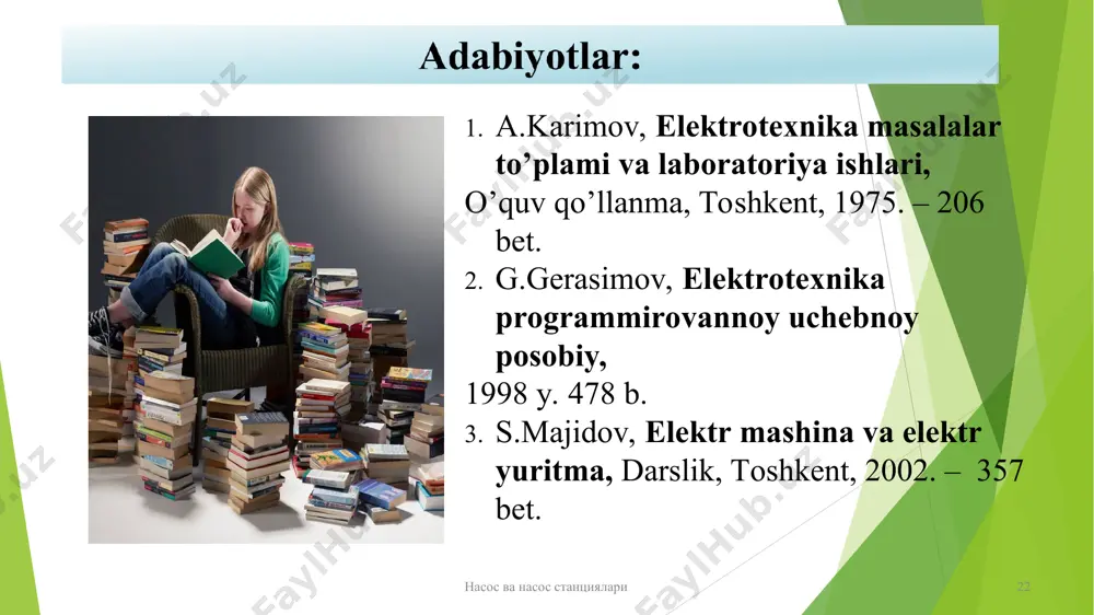 ndi, elektr zanjirining muhim qonuni — om qonuni kashf qilindi. telegrafiya, harbiy ish, elektr oʻlchash ishlarida bu sohadagi yutuqlardan ayniqsa keng foydalaniddi. elektromagnit induksiyaning kashf etilishi elektr mashinalari — dvigatel va generator yaratilishiga sabab boʻldi. * elektronika nima? elektronika — fan va texnikaning elektronlar va boshqalar zaryadlangan zarralarning elektromagnit maydon hamda turli jismlar bilan oʻzaro taʼsiri qonuniyatlarini oʻrganish, bu oʻzaro taʼsirdan foydalanib energiyani oʻzgartiradigan elektron asbob va qurilmalarni yaratish usullarini ishlab chiqish bilan shugʻullanadigan sohasi. matematika, fizika, nazariy elektronika kabi fanlar elektrotexnikaning nazariy asosini tashkil qiladi. elektrotexnikada axborotni diskret va uzluksiz elektromagnit signallar koʻrinishida olish va ularni oʻzgartirish, almashtirish masalasi ham oʻrganiladi. elektronlarning juda kichik inersion xossaga ega ekanligi ularning elektron asboblar ish hajmidagi makromaydonlar bilan ham, atom, molekula yoki kristall panjara ichidagi mikromaydonlar bilan ham oʻzaro taʼsiridan chastotasi 10-12gs gacha boʻlgan elektromagnit terbanishlarni, shuningdek, chastotasi 10-12— 10-20gs boʻlgan infraqizil, optik, ultrabinafsha va rentgen nurlanishlarni samarali generatsiyalash, oʻzgartirish va qabul …