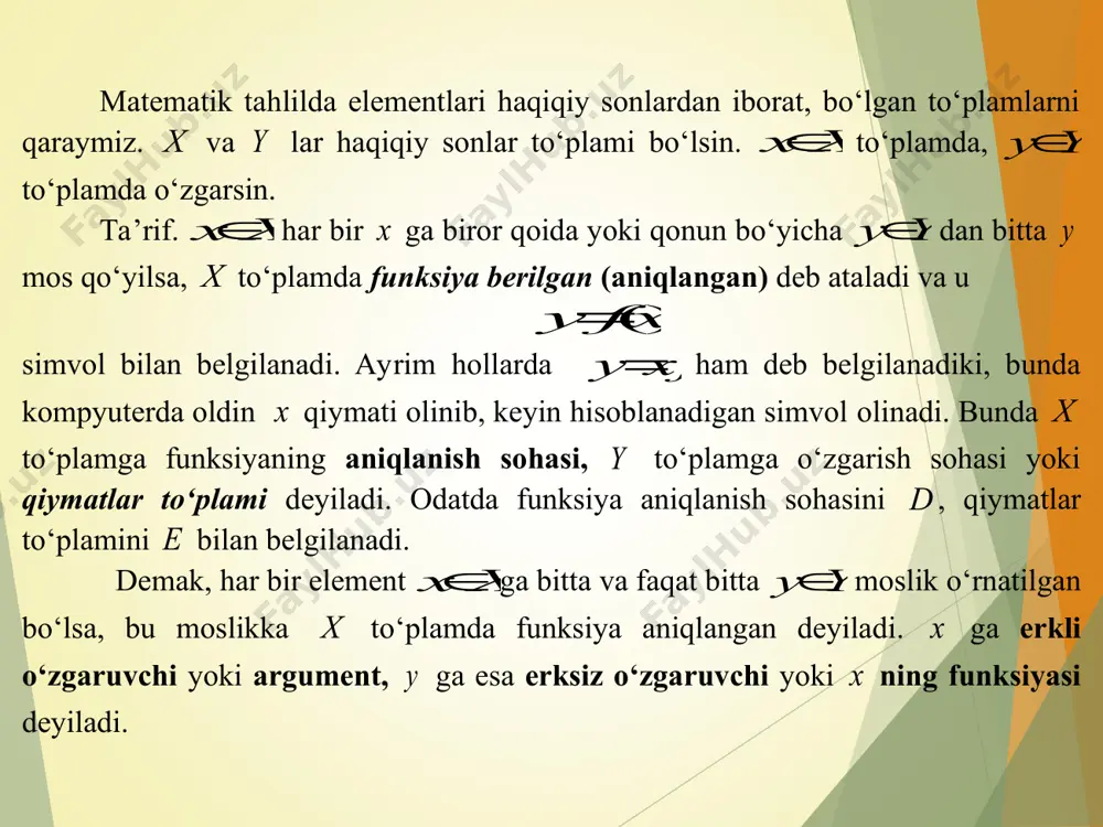 ksiyaning grafik usulida berilishidan, uni analitik usul bilan ifodalash qiyin bo‘lgan hollarda va funksiyaning sifat o‘zgarishi grafik usulda yaxshi ko‘rinadigan hollarda foydalaniladi. masalan, fizikaviy tajribalar jarayonida ossillografdan olinadigan grafik. 4) algoritmik yoki kompyuter usuli . funksiyaning bunday usulda berilishida x ning har bir qiymati uch un, )(xfy funksiyaning qiymatini hisoblaydigan algoritim yoki programma berilgan bo‘ladi. bunday programma ehmga qo‘yilgan bo‘lib funksiyaning qiymati avtomatik hisoblanadi. 10.2.funksiyaning berilishi. 1. aniq va yashirin funksiyalar. funksiya )(xfy ko‘rinishda, ya’ni y ga nisbatan yechilgan bo‘lsa, unga oshkor funksiya deyiladi. funksiya 0),( yxf ko‘rinishda berilgan bo‘lsa, ya’ni y ga nisbatan yechilmagan bo‘lsa, oshkormas funksiya ko‘rinishda berilgan deyiladi. masalan, x yxyxy 4,sin,53 2  funksiyalar oshkor ko‘rinishda; 03,0632 2  xy exyx funksiyalar oshkormas ko‘rinishda berilgan. shuni ta’kidlaymizki hamma 0),( yxf ko‘rinishdagi tenglik ham f unksiyani ifodalay bermaydi. masalan, 04 22 yx tenglama funksiyani ifodalamaydi, chunki x ning har bir qiymatiga y ning haqiqiy son qiymatini mos …