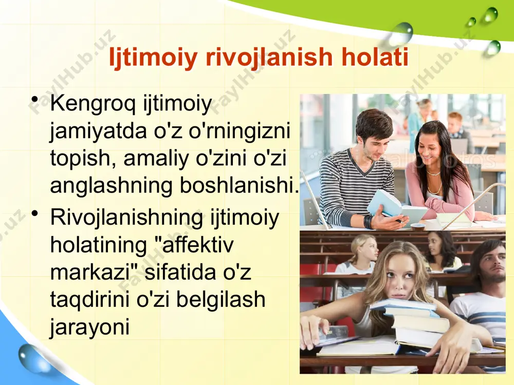 ilish kuchayadi. o‘z xulq-atvorini jilovlash, his-tuyg‘ulari hamda ichki kechinmalarini tushunish ishtiyoqi vujudga kela boshlaydi. o'smirlik yoshi davridagi boladan boshqacha, yana bir xususiyati — murakkab shaxslararo munosabatlarda aks etuvchi, burch?. vijdon hissi, o‘z qadr-qimmatini e’zozlash, sezish va fahmlashga moyillikdir. masalan, o‘spirin yigit va qiz sezgirlik deganda nozik, nafis holatlaming farqiga borish, zaruratni tez anglash, xolisona yordam uyushtirishni, shaxsning nafsoniyatiga tegmasdan amalga oshirishni tushunadi. ilk o‘spirin o‘zining ezgu niyatini baholashga jamoada o‘z o‘rinni belgilash nuqtai nazardan . yondashadi, chunonchi “o‘zim tanlagan mutaxassislikka yaroqlimanmi?” “jonajon respublikamga, ota-onamga munosib farzand bo’la olamanmi?” “jamiyatning taraqqiyotiga o‘z ulushimni qo‘sha olamanmi?” degan savollarga javob qidiradi. shuni alohida ta’kidlash kerakki, ilk o‘spirin yoshidagi qizlar katta yoshdagi kishilaming ta’siriga osonroq beriladi. ilk o‘spirin yigitlar esa kattalardan ko‘ra tengdoshlari ta’siriga ko‘proq beriladilar. ilk o‘spirinlaming yana bir muhim xislati ularda yuksak darajadagi do'stlik, o‘rtoqlik, ulfatchilik, muhabbatning vujudga kelishidir. ilk o‘spirinlar aql-idrokining xususiyatlari ilk o‘spirin barcha faoliyat bosqichida mustaqil fikr yurita olmasligi …