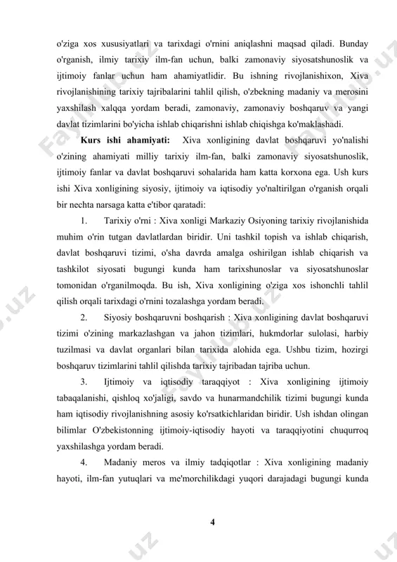 uqurroq yaxshilashga yordam beradi. 1. madaniy meros va ilmiy tadqiqotlar : xiva xonligining madaniy hayoti, ilm-fan yutuqlari va me'morchilikdagi yuqori darajadagi bugungi kunda ham katta yuk ega. xiva xonligining madaniy merosini o'rganish, uning o'ziga xosligi va zamonaviy davrdagi ahamiyatini anglashda. 1. zamonaviy siyosatga ta' : xivaxonligining siyosiy va iqtisodiy tizimi bugungi kunda o'zbekistonning siyosiy va iqtisodiy tizimlari izlar qoldirgan. ush ishda xiva xonligining tajribalaridan, zamonaviy siyosat va boshqaruv yangi ishlab chiqarish ishlab chiqarish chiqishi mumkin. xiva xonligining boshqaruvi fan o'rganish, milliy tarixiy tarixiy fan uchun, balki siyosatshunoslik va madaniyatshunoslik uchun ham davlati iqtisodiyot ega bo'lib, o'zbekistonning tarixiy, siyosiy va madaniy rivojlanishiga hissa qo'shadi. kurs ishi predmeti — xiva xonligidagi davlat boshqaruvi tizimi va uning ijtimoiy, iqtisodiy va madaniy hayoti. ush ishda xonligining tuzilishi, hukmdorlar, markaziy va hunar boshqaruv organlari, harbiy tuzilma, tashkilot siyosati, ijtimoiy tabaqalanish, qishloq xo‘jaligi, savdo va hunarmandchilik kabi iqtisodiy tizimlar va madaniy va ilmiy hayotiy tahlil merosi. …