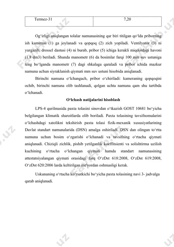 yordamida titiladi va ishchi kameraga solinadi va drossel qopqog‘i mahkam yopiladi va kompressor tortqichi yuqoriga tortilib qo‘yib yuboriladi va tortqich avtomatik tarzda pastga tushadi so‘ng havo ishchi kameraga yuboriladi va tolalar orasidan o‘tgan havo oqimining hisobiga raqamli displeyda tolaning mikroneyr ko`rsatgichi aks etadi va ko`rsatgich avtomatik saqlanadi yoki qog`ozga yozib olinadi, o‘lchangan namuna massasi uskunaning o‘ng tomonida joylashgan nasos yordamida ishchi kameradan chiqariladi va keyingi namuna massasi solinib test tugmasi bosiladi, shu tartibda tolaning mikroneyr ko‘rsatgichi aniqlanadi. asosiy ishchi organlari quydagilardan iborat: standart kalibrlash tola namunasi namuna solish kamerasi uskunani yoqish va o`chirish tugmasi raqamli display kompressor boshqaruv pulti avtomatik namuna chiqargich yordamchi ishchi qismlar tarozi quvvat simi micsoft dasturiy ta’minot bilan disk interfeys kabeli texnik xarakteristikasi o‘lchov usuli: havo oqimi yordamida o‘lchov diapazoni 2.0 dan 8.0 mikroneyr (g/dyum) aniqlik darajasi: ±0,1 mikroner (g/dyuym) sinovlar soni: soatiga 150 ta namuna test namuna hajmi: 4g ± 0,01g tarozilar: hajmi: 200 gramm …
