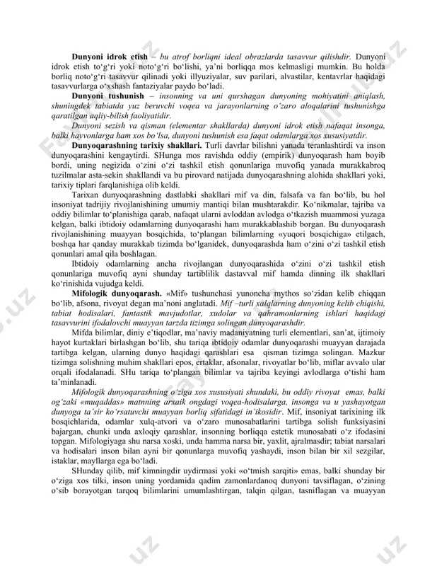 qurollarini yasagan insonsimon mavjudotlarning (lot. homo habilis – uquvli odam) qadimgi manzilgohlari taxminan 3-5 mln yil oldin paydo bo‘lgan, degan xulosaga kelish imkonini beradi. dunyoqarashning mohiyati va tuzilishi. ayni shu davrdan boshlab insonning ancha rivojlangan dunyoqarashi shakllangani haqida va umuman to‘plangan bilimlar, amaliy ko‘nikmalar, vujudga kelgan qadriyatlar, o‘zi va o‘zini qurshagan dunyo haqidagi tasavvurlar majmui sifatidagi odamlar dunyoqarashi to‘g‘risida ishonch bilan so‘z yuritish mumkin. hayot tajribasi va empirik bilimlar asosida shakllanadigan dunyoqarash oddiy dunyoqarash deb ataladi va insonning dunyo haqidagi tasavvurlarining tizimsiz majmui sifatida amal qiladi. u har qanday dunyoqarashning negizi hisoblanadi va odamlarga kundalik hayoti, faoliyatida yo‘l ko‘rsatib, ularning xulq-atvori, aksariyat qilmishlarini belgilab, muhim regulyativ funksiyani bajaradi. keng ma’noda, dunyoqarash – insonning o‘zini qurshagan borliqqa va o‘z-o‘ziga nisbatan yondashuvlar tizimi, shuningdek uning mazkur yondashuvlar bilan belgilangan hayotiy ideallari, e’tiqodlari,, bilish va faoliyat tamoyillari, qadriyat va mo‘ljallaridir. demak, dunyoqarashda bilish, qadriyatlarga munosabat va xulq-atvorni belgilash funksiyalari mujassamlashadi. dunyoqarashning bilish funksiyasi …