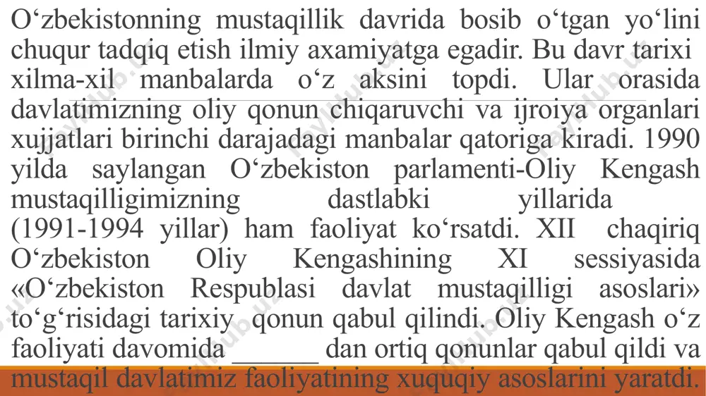 mamlakatlar bilan ikki tomonlama va ko‘p tomonlama shartnomalari matni diplomatik muqotiba, xorijdagi elchi va konsullarimizning axborotlari, tashqi ishlar va tashqi iqtisodiy aloqalar vazirliklari xujjatlari muxim axamiyatga egadir. prezident i.a.karimov hamda respublikamiz delegatsiyalarining chet ellarga safarlari to‘g‘risidagi xisobotlar ham tashqi siyosiy faoliyat xususida muxim manbalar qatoriga kiradi. shunday qilib, mustaqil o‘zbekiston respublikasi tarixi juda ko‘p manbalarda o‘z aksini topgan. bu manbalardan kompleks tarzda foydalanish istiqlol davri tarixini chuqur o‘rganish imkoniyatini beradi. milliy tarixga yangicha yondashuvlar mustaqillikdan keyin o‘zbekistonda tarixshunoslik tubdan o‘zgardi. endilikda tarix faqatgina siyosiy yoki mafkuraviy vosita emas, balki milliy o‘zlikni anglash, ma’naviy yuksalish va davlat qurilishi uchun muhim ilmiy asosga aylandi. quyida yangicha yondashuvlarning asosiy yo‘nalishlari keltirilgan: tarixiy haqiqatni tiklash ilgari sovet mafkurasi ta’siri ostida buzib talqin qilingan ko‘plab tarixiy hodisalar, shaxslar va davrlar qayta o‘rganildi. masalan, bosmachilar harakati “aksilinqilobiy harakat” deb emas, milliy ozodlik harakati sifatida baholandi. milliy qahramonlarga yangicha munosabat amir temur, jaloliddin manguberdi, bobur, shiroqiy kabi …