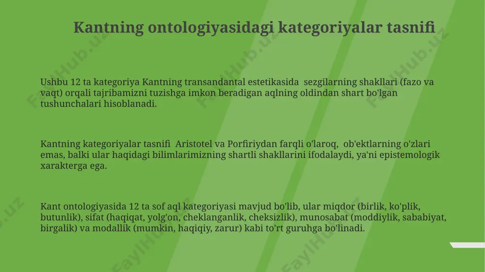 bo'lgan tizimni namoyish etadi. porfiriyning tasnifi, aristotelning 10 kategoriyasiga nisbatan soddalashtirilgan bo'lsa-da, universalialarning xususiyatlarini aniqlash va ularni turli darajalardagi sinflarga ajratishda muhim rol o'ynaydi. porfiriyning ontologiyasida 5 ta predikat (genus, species, differentia, proprium, accidens) yordamida kategoriyalarni tasniflash tizimi mavjud bo'lib, bu tizim aristotelning kategoriyalar nazariyasini yanada rivojlantirgan. aristotelning ontologiyasidagi kategoriyalar tasnifi aristotelning ontologiyasida 10 ta asosiy kategoriya mavjud bo'lib, ular modda, miqdor, sifat, munosabat, joy, vaqt, holat, egalik, amal va ta'sirni o'z ichiga oladi va bu kategoriyalar borliqning turli jihatlarini ifodalaydi. ushbu 10 kategoriya o'zaro bog'liq bo'lib, ularning har biri boshqa kategoriyalar bilan o'zaro ta'sirlashadi va bir-birini to'ldiradi, bu esa borliqning murakkab tuzilishini aks ettiradi. masalan, "uy" kategoriyasi modda, miqdor va sifat kategoriyalari bilan bog'liq. aristotel kategoriyalarni ularning ontologik ahamiyati va epistemologik roli asosida tasniflaydi, ya'ni ularning borliqdagi o'rni va bizning bilishimizdagi ahamiyati asosida farqlaydi, bu esa uning ontologik tizimining mantiqiy tuzilishini ko'rsatadi. e'tiboringiz uchun rahmat @taqdimot_robot