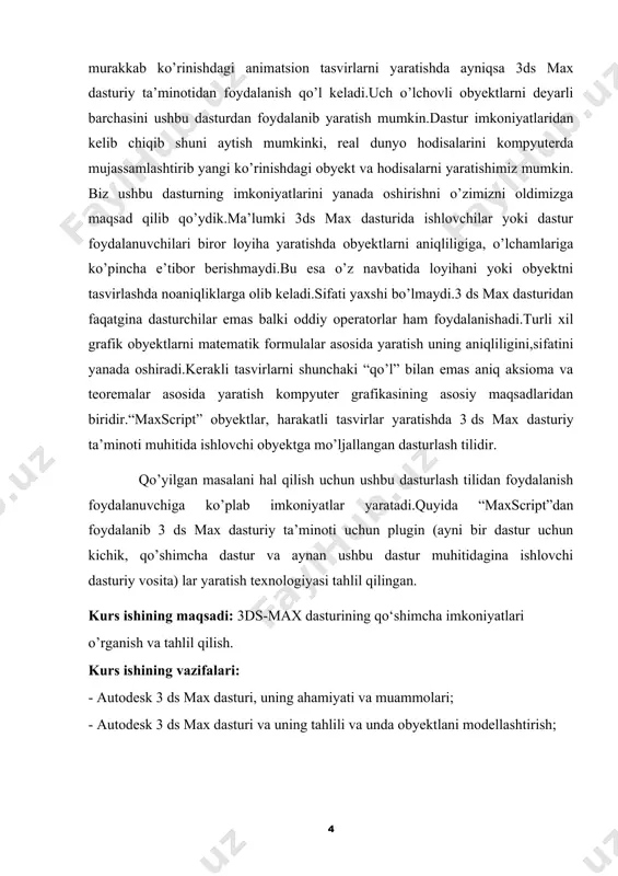 yalar, maqolalar, kitob va tezislar hamda internet nashrlar hozirgi kunda juda ko’plab yaratilganki, ularning tahlili quyida bayon qilinadi.autodesk 3ds max 6. библия пользователя. 3d studio max 6.uch o’lchovli grafika va animatsiya bo’yicha yaratilgan kitob bo’lib, u autodesk 3 ds max dasturi haqidadir. 3 ds max 6 dasturi uchun yaratilgan asosiy kitoblardan biridir.unda dastur haqidagi barcha ma’lumotlar va unda ishlash ko’nikmalari berilgan. autodesk 3ds max 8. библия пользователя. 3d studio max 8.kelli merdok qalamiga mansub ushbu kitob uch o’lchovli garafika va animatsiya haqidagi tasavvurlarni yanada kengaytiradi. autodesk 3ds max 6. библия пользователя kitobni yangilangan va to’ldirilgan nashri. autodesk 3 ds max 8 dasturining yangi imkoniyatlari haqida so’z boradi.язык 3ds max 8 maxscript: официальный учебный курс от autodesk. 3d studio max 8. ushbu o’quv kursi autodesk kompaniyasi tomonidan yaratilgan bo’lib, 3 ds max 8 dasturiy vositasining yaratilishi munosabati bilan ishlab chiqilgan maxscript dasturlash tili, va uning qo’llanmasi yozilgan.ushbu kitob bilan maxscript dasturlash …