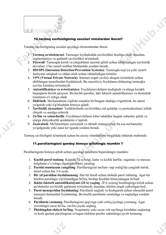 ngan dastur. u foydalanuvchidan yashirincha ishlaydi va tizimni boshqarishga imkon beradi. 8. keylogger: foydalanuvchining klaviatura orqali kiritgan ma'lumotlarini, masalan, parollarini va boshqa shaxsiy ma'lumotlarini yozib oladigan dastur. 9. botnet: bir nechta kompyuterlarda o'rnatilgan dasturlar to'plami bo'lib, ular bir joydan boshqariladi va ddos hujumlari kabi zararli faoliyatlarni amalga oshirish uchun ishlatiladi. ushbu zararli dasturlar turli xil kiber tahdidlarni keltirib chiqarishi mumkin, shuning uchun ularni aniqlash va oldini olish muhimdir. 8. virus nima?конец формы virus — bu zararli dastur (malware) turi bo'lib, u o‘z-o'zidan ko‘payish va boshqa fayllarga yoki dasturlarga joylashish qobiliyatiga ega. viruslar quyidagi xususiyatlarga ega: 1. o‘z-o‘zidan tarqalish: viruslar boshqa fayllar yoki dasturlarga joylashgan holda o‘zini ko‘paytiradi va tarqatadi. ular foydalanuvchi ularni ishga tushirganda faol bo‘ladi. 2. zarar yetkazish: viruslar tizimga, fayllarga yoki ma'lumotlarga zarar yetkazishi mumkin. ular fayllarni yo'qotishi, tizimning ishlashini sekinlashtirishi yoki to'liq ishlashini to'xtatishi mumkin. 3. kuzatish va yashirish: ba'zi viruslar o'z faoliyatini yashirishi yoki tizimda sezilmasdan …