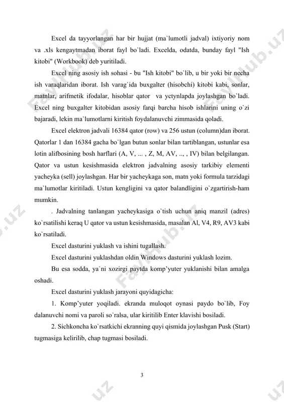 m 3-rasm so`ngra excelning ish jadvali ekranga chiqadi (3-rasm). e s l a t m a. windows 3.1 da excel 5.0 versiyasini yuklash yuqoridagidan farqli o`laroq, microsoft office dasturida excel piktogrammasi ustida "sichqoncha" tugmasini ikki marta bosish orqali amalga oshiriladi. 2 excel menyu bandlari , funksiya va diagrammalar bilan ishlash excel menyu bandlari tavsifi excel menyusida quyidagi bandlar mavjud: fayl, pravka, vid, vstavka, format, servis, danno`e, okno va spravka 6-rasm 4-rasm 5-rasm fayl bo`limi (4-rasm) yangi jadvalni tashkil etish;xotiradagi jadvalni ochish;jadvalni yopish; jadvalni xotiraga kiritish; faylga yangi nom berish; faylni moslashtirib saqlash; ishchi sohasini saqlash; sahifa parametrlari; chop qilish sohasini berish; jadvalni dastlabki kuzatish; jadvalni chop etish; faylni kerakli manzilga uzatish; jadvalning xossalari; fayllar majmuasi; chiqish; demak, fayl bo`limida yuqoridagi kabi amallarni bajarish mumkii bo`lib, qayd etilgan vazifalar misrosoft office guruhddagi das turlar uchun umumiydir. qo`shimcha сохранить рабочую область... ishlatilayotgan dasturii ekran uchun joriy dasturga aylantiradi. область печатьи dasturni belgilaigan …