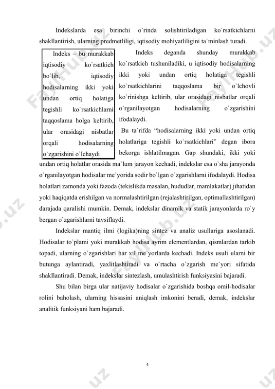 a omil-hodisalar rolini baholash, ularning hissasini aniqlash imkonini beradi, demak, indekslar analitik funksiyani ham bajaradi. indekslarning turlari va tasnifi indekslar qanday jarayonni ta`riflashi va vazifalari jihatidan to`rt turga bo`linadi: dinamika indekslari, reja (shartnomani) bajarish indekslari, hududiy indekslar va xalqaro indekslar. hududiy indekslar turli hududlarga yoki obyektlarga tegishli iqtisodiy hodisalarning o`zaro nisbatini ko`rsatadi. ular ayrim viloyat va mintaqalar rivojlanish darajasi va ixtisoslashishi, milliy iqtisodiyotga qo`shayotgan hissasi kabi muhim masalalarni o`rganishda asosiy qurol hisoblanadi. xalqaro indekslar iqtisodiy hodisalarning butun jahon va jo`g`rofiy mintaqalar miqyosida rivojlanish darajasi, mamlakatlar ijtimoiy - iqtisodiy taraqqiyot yo`lida erishgan qiyosiy darajalarini tavsiflaydi. dinamika, rejani bajarish, hududiy va xalqaro indekslarni hisoblash bir qator umumiy va xususiy muammolar bilan bog`liq. ularni har taraflama o`rganish, yechish yo`llarini topish va ilmiy asoslash indekslar nazariyasining bosh vazifasi hisoblanadi. bu yerda ta`kidlab o`tamizki, hududiy va xalqaro indekslarni hisoblash uslubiyati hanuzgacha ilmiy jihatdan to`la-to`kis ishlab chiqilmagan. bu boradagi muhim masalalar tortishuv predmeti bo`lib qolmoqda. dinamika …