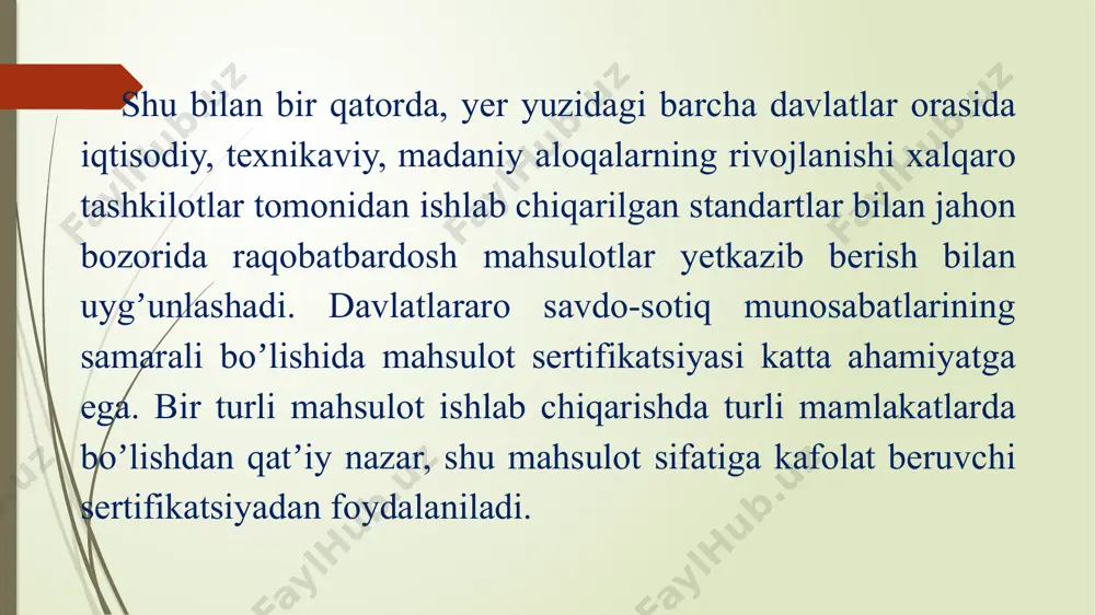ning barqarorligini nazorat qilish; - sertifikatsiya natijalarining axboroti; - daʼvolarni koʼrib chiqish. muvofiqlik belgisi mahsulotning tovar belgisi yoniga qoʼyiladi. sertifikatsiyalashtirilgan mahsulotning sifat koʼrsatkichlarini (sertifikatsiyalashtirish xususiyatlarini) barqarorligini tekshiruv nazorati shu mahsulotni ishlab chiqarish jarayonida sertifikat bergan tashkilot tomonidan maxsus reja asosida amalga oshiriladi. kerak boʼlgan hollarda bataraf mutaxassislarni-savdo jamoalaridan, sogʼliqni saqlash, davlat qurilish kabi boshqa tashkilotlar mutaxassislari tekshiruv nazoratiga jalb qilinadilar. tekshiruv nazorati natijalariga koʼra, sertifikatsiyalashtirish tashkiloti quyidagi hollarda muvofiqlik sertifikati yoki muvofiqlik belgisi faoliyatini bekor qilish va toʼxtatib qoʼyishi mumkin: - meʼyoriy texnik hujjatlardagi talablari oʼzgarsa; - mahsulotning tarkibi, tuzilishi oʼzgarsa; - tashkilot yoki ishlab chiqarish texnologiyasi oʼzgarsa; - sifatni taʼminlovchi tizim, texnologiya, sinash uslublari oʼzgarsa. tekshiruv nazorati tomonidan aniqlangan kamchilik, yetishmovchiliklarni bartaraf qilgunga qadar tadbirlar tuzilib, muvofiqlik sertifikati yoki muvofiqlik belgisi toʼxtatilib turadi. shu muddatda ahvol oʼzgarmasa, muvofiqlik sertifikati bekor qilinadi. sertifikat berish yoki muvofiqlik belgisini qoʼyish quyidagi hollarda bekor qilinadi: - mahsulot aniqlangan kamchliklarni bartaraf qilib boʼlmasa; - …