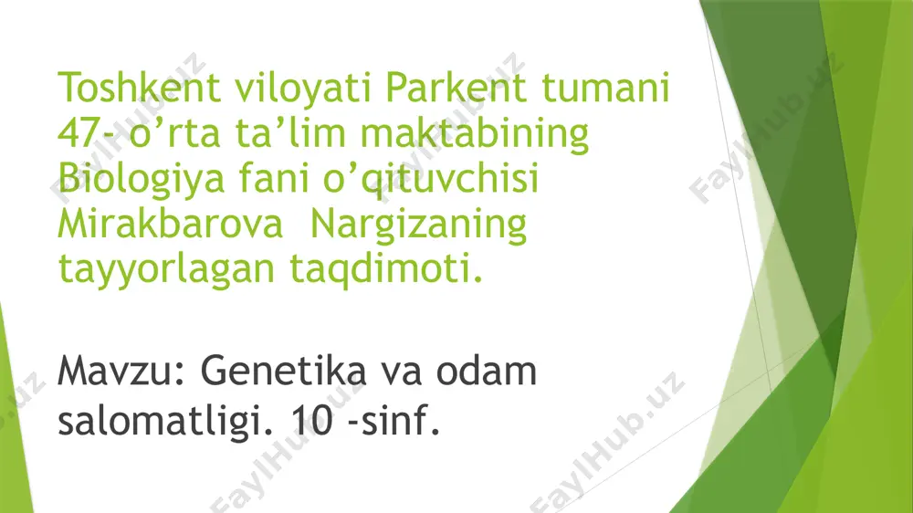 ’ir bo’lishi x-xromosomaga birikkan retsessiv gening irsilanishi 1.gemofiliya 2.daltonizim 3.shapko’rlik y-xromosomaga birikkan gening irsilanishi 1.gipertrixos 2.ixtiyoz sitogenetik usul xromosoma mutatsiyalarini gen mutatsiyalarini egizaklar usuli belgilarning egizaklarda rivojlanib borishini o’rganadi. har hil tuxum hujayrada rivojlangan egizaklar. immunologik usul. qon gruhlarini va rezus omilni o’rganadi. biokimyoviy usul. odamda uchraydigan juda ko’p patalogik belgilarni o’rganadi. populyatsion statistic usul. populyatsiyada u yoki bu allelning tashuvchilik soni,turli genotiplarning foizdagi nisbati,genefond stukturasini aniqlaydi. tayanch so’zlar: proband,sibs,populyatsion usul,genefond. uyga vazifa: 24- $ ni o’qish, 115 sahifadagi jadvalni to’ldirib kelish. e’tiboringiz uchun rahmat. image1.emf image2.emf image3.emf image4.emf image5.emf image6.emf image7.emf image8.emf image9.emf image10.emf image11.emf image12.emf image13.emf /docprops/thumbnail.jpeg