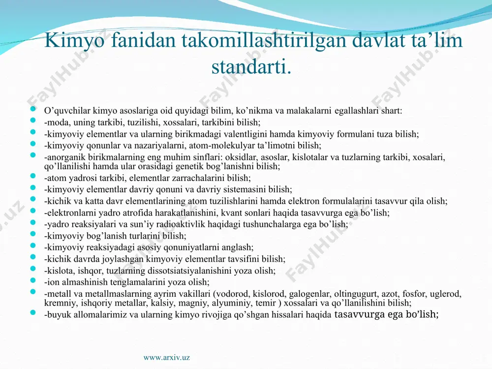 ar. 1. o’qituvchi o’zi ta’lim berayotgan o’quvchilarning kimyo faniga qiziqishi va shu fanga munosabatini aniqlamog’i ozim. 2. kimyo fanini o’qitishni tabaqalashtirgan holda tashkil etish, ya’ni o’zlashtirishi qiyin bo’lgan o’quvchilarga yordam berish va ularni o’zlashtiruvchilar qatoriga ko’tarish. 3. o’quvchilarni darsga hammani baravar jalb qilinishi lozim. 4. o’quvchilarni soni sinfda 30-nafardan oshmasligi lozim, chunki ular bilan ishlaganda ularning fikrlarini to’liq eshitish va har biri bilan individual ishlash imkoni bo’ladi. 5. dars jarayoni yaxshi o’tishi uchun sinf xonasi ham katta ahamiyatga ega. xona shinam, keragicha yorug’, havo yaxshi aylanadigan va fanga oid ko’rgazmalar bo’lishi, stol ustida tajribaga doir hamma moddalar bo’lishi shart. www.arxiv.uz www.arxiv.uz 6. o’qituvchi o’quvchilarni barchasini darsga psixologik tayyorlashi lozim. uyatchang, tortinchoq, ichimdagini top deydigan o’quvchilarni ruhiy holatidan kelib chiqqan holda ularning fikrlarini o’qituvchi chiqarishi lozim. 7. o’quvchilarni shunday o’tkazish lozimki, ular bir-birlariga halaqt bermasliklari lozim. 8. dars jarayonida o’zaro xurmat gapirayotgan o’quvchining fikrini bo’lmaslik, gapni oxirigacha eshitish lozim. 9. dars …