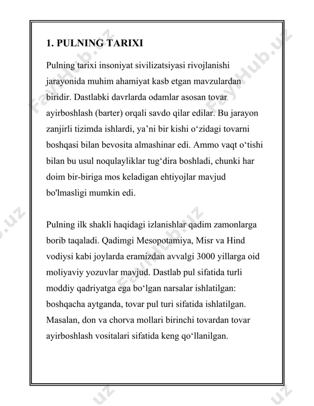 mahsulot va xizmatlar qiymatini belgilashda o‘lchov vositasi sifatida xizmat qiladi. iqtisodiyotda o‘lchov birligi sifatida pul yordamida turli tovar va xizmatlarning qiymati nisbatlarni yagona birlikda taqqoslash imkoniyatini beradi. 2. **muomala vositasi**: pulning eng asosiy funksiyalaridan biri bu muomala vositasi bo‘lishidir. pul tovar va xizmatlar ayirboshlanishi jarayonida muomala vositasi sifatida foydalaniladi. bu tovarlarning to‘g‘ridan-to‘g‘ri ayirboshlash (barter) jarayonida yuzaga keladigan muammolarni hal qilish imkoniyatini beradi. 3. **qiymatni saqlovchi vosita**: pul qiymatni vaqt bo‘yi saqlashga imkon beradi. bu funksiyani bajarish uchun pul mustahkamlik va ishonchlilikni saqlashi kerak. inflyatsiya va boshqa iqtisodiy omillar bu funksiyaning samaradorligiga ta'sir ko‘rsatishi mumkin. 4. **to‘lov vositasi**: pul majburiyatlar va qarzlarni to‘lashda vosita sifatida foydalanuvchan. masalan, shartnoma bo‘yicha pul to‘lovlari, kreditlarning to‘lanishi va boshqa majburiyatlar pulning to‘lov vositasi sifatida ishlatilishini taqdim etadi. pulning bu funksiyalari iqtisodiyotda samarali resurs taqsimlanishi va iqtisodiy o‘sishni ta’minlaydi. pul ko‘lami va pul-kredit siyosati mamlakatning iqtisodiy holatini va makroiqtisodiy ko‘rsatkichlarining o‘sishini bevosita ta’sir qiladi. pul tizimining …
