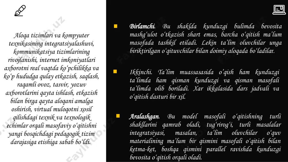 o‘quvchining istalgan vaqtda ta’lim olishini ko‘zda tutadi. tarmoqli ta’lim va keys-texnologiyalari. bu model ta’limni differensialashtirishga mo‘ljallangan. interaktiv televidenie (two-way tv), videokonferensiyalar. masofadan mashg‘ulotlarni translyasiya qilish bilan bog‘liq model xisoblanadi loyihalar. ushbu modeldan davlat ahamiyatiga molik yirik masshtabli loyihalarni joriy qilishda foydalaniladi. ushbu modelda asosiy rol o‘quv materiallarini yaratgan malakali kadrlar, o‘qituvchilar, olimlar yig‘ilgan ilmiy-metodik markazga beriladi. yiroqlashgan auditoriya. ma’lum bir ta’lim muassasasida tashkil etilgan o‘quv kurslari, ma’ruza va seminarlar sinxron teleko‘rsatuv, videokonferensiya, radioaloqa tarzida telekommunikatsiya kanallari orqali talabalar yig‘ilgan yiroqdagi auditoriyalarga namoyish qilinadi. model model - haqiqiy ob’ektning izlanish olib borilayotgan soxadagi ma’lum talablariga javob beradigan nusxasi bo‘lib, bu tushuncha biror maqsad uchun bajarilgan xodisaning mavjudligini sodda tushunish, voqelikning tavsifi sifatida qo‘llaniladi. bugungi kunda a.avloniy nomidagi xalq ta’limi xodimlapini qayta tayorlash va ularning malakasini oshirish markaziy instityti tarkibidagi masofadan o‘qitishni rivojlantirish markazi (murm) xamda xalq ta’limi xodimlarini qayta tayyorlash va uarning malakasini oshirish xududiy institutlari tarkibidagi masofadan o‘qitishni xududiy muvofiqlashtirish …