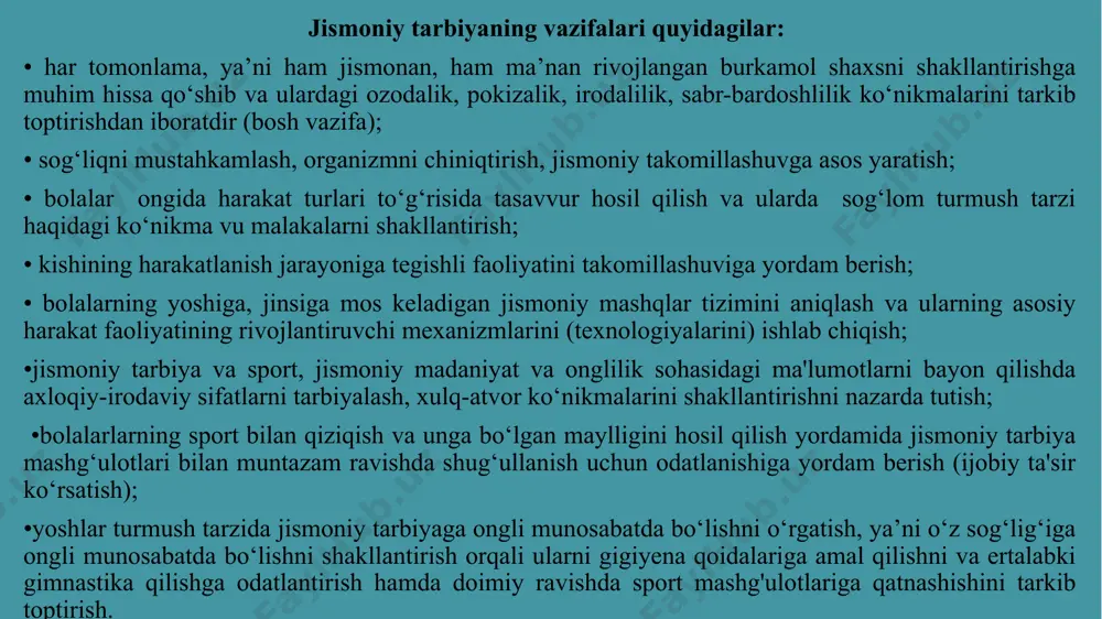 loji boricha ko’proq bo’lish; kattalar nazorati ostida kichik ochiq suv havzasida (basseynda) cho’milish (gigiyena talablariga amal qilgan holda). 10 kichik guruhda: - har kuni ertalab badantarbiya qilish; - harakatlarni namunaga muvofiq bajarish; - badantarbiyani ochiq havoda, yengil kiyimda bajarish; - ertalabki badantarbiya mashqlarini suv muolajalari bilan tugallash (kattalar ko’magida); - ertalabki badantarbiya mashqlarini aniq va izchil bajarish; - bolalarni yuz qo’llarini mustaqil yuvishga odatlantirish, suvni sachratmaslik, sovundan to’g’ri foydalanish, badanini xo’l sochiqda artish, yoz oylarida ochiq havoda iloji boricha ko’proq bo’lish, cho’milishga, dushdan foydalanish; - ochiq suv havzasida (basseynda) cho’milish (gigiyena talablariga amal qilgan holda). 11 o’rta guruhda: -har kuni kattalar nazoratida badantarbiya mashqlarini xonada, darchalarni ochib qo’ygan holda bajarish; -ochiq havoda esa sport kiyimida bajarish; -qo’l, oyoq, gavda uchun mashqlarni aniq va izchillik bilan bajarish, qomatni to’g’ri tutish; -har kuni ertalab badantarbiya mashqlarini bajarish, har qanday ob-havoda ham harakatli o’yinlar o’ynash; -har kuni oyoqlarni yuvish, sekin-asta suv haroratini pasaytirib …