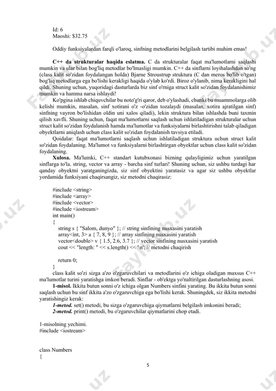 'rib chiqamiz. qoida: o'zingizning sinflaringiz ob'ektlari bilan nusxa ko'chirishni ishlatmang. konstruktorlar sonini kamaytirish fraksiya klassi va ikkita konstruktorli (standart va parametrli) misolda standart konstruktor aslida ortiqcha. biz bu sinfni shunday soddalashtira olamiz: #include class fraction { private: int m_numerator; int m_denominator; public: // jimlik bo’yicha konstruktor fraction(int numerator=0, int denominator=1) { assert(denominator != 0); m_numerator = numerator; m_denominator = denominator; } int getnumerator() { return m_numerator; } int getdenominator() { return m_denominator; } double getvalue() { return static_cast (m_numerator) / m_denominator; } }; garchi bu konstruktor hali ham standart konstruktor bo'lsa-da, u shunday aniqlanganki, u bir yoki ikkita foydalanuvchi tomonidan berilgan qiymatlarni olishi mumkin: fraction drob; // fraction(0, 1) chaqirish fraction seven(7); // fraction(7, 1) ni chaqirish fraction sixtwo(6, 2); // fraction(6, 2) chaqirish amalda, sinfingiz uchun konstruktorlar sonini kamaytirishga harakat qiling. oshkormas yaratilgan standart konstruktor agar sizning sinfingizda konstruktorlar bo'lmasa, c ++ avtomatik ravishda sinfingiz uchun umumiy standart konstruktorni …
