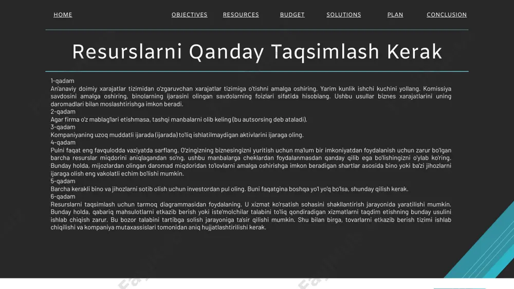 yalarining batafsil ekspozitsiyasi uning kapital monografiyasiga bag'ishlangan. "resurslardan samarali foydalanishning iqtisodiy hisobi" . ushbu kitobning mohiyati ishlab chiqarishni rejalashtirishning asosiy vazifalari va optimal rejalashtirishning dinamik muammolarini shakllantirishdir. ushbu vazifalar juda oddiy, ammo shu bilan birga iqtisodiy rejalashtirishning eng muhim xususiyatlarini hisobga oladi. jozibali fazilatlardan biri shundaki, ular chiziqli dasturlash sxemasiga va shuning uchun ishlab chiqilgan analitik apparatga va samarali hisoblash vositalarining keng to'plamiga asoslangan bo'lib, ulardan ba'zilarini leonid vitalevichning o'zi taklif qilgan. resources budget solutions home objectives plan conclusion resurslarning notekis taqsimlanishining oqibatlari qanday? resources budget solutions home objectives plan conclusion aholi joylashuvi va aholining joylashishi. odamlar omon qolish va rivojlanish uchun zarur bo'lgan resurslarga ega bo'lgan joylarda joylashishga va to'planishga moyil. odamlarning yashash joyiga eng ko'p ta'sir qiladigan geografik omillar suv, tuproq, o'simliklar, iqlim va landshaftdir. janubiy amerika, afrika va avstraliyada bu jug'rofiy afzalliklar kamroq bo'lgani uchun ular shimoliy amerika, yevropa va osiyoga qaraganda kamroq aholiga ega. inson migratsiyasi. …
