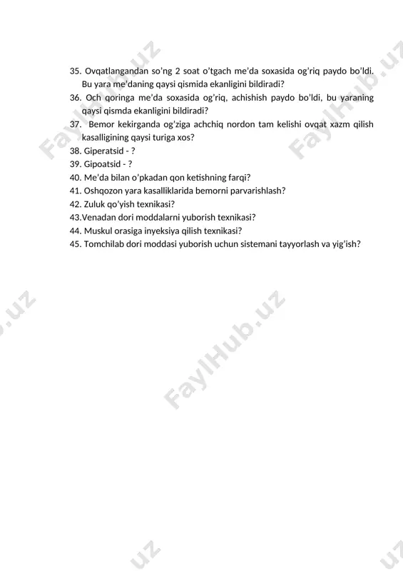 ilan o’pkadan qon ketishning farqi? 41. oshqozon yara kasalliklarida bemorni parvarishlash? 42. zuluk qo’yish texnikasi? 43. venadan dori moddalarni yuborish texnikasi? 44. muskul orasiga inyeksiya qilish texnikasi? 45. tomchilab dori moddasi yuborish uchun sistemani tayyorlash va yig’ish?