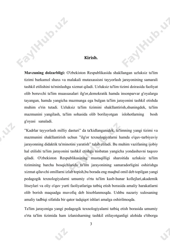 n yangicha fikrlovchi mutaxassisni shakllantirish imkonini beruvchi sharoitlarning ishlab chiqilmaganligi o'rtasida ob’ektiv qarama-qarshilik mavjud.har tomonlama barkamol insonni shakllantirish bugungi jamiyatimiz oldida turgan dolzarb masalalardan biri bo'lib qolmoqda. hozirgi maktab o'rindiqlarida o'tirgan yosh avlod ertaga bizning qo'limizdan ishimizni oladigan,hayotimizni davom ettirib,o'zidan keyingi avlodga yetkazuvchi vorislarimiz, o'zbekiston buyuk kelajagining egalaridir! shu sababli birinchi prezident islom karimov butun mamlakatimiz diqqat e'tiborini barkamol avlod tarbiyasiga qaratgan. ta'lim - tarbiya jarayoni sifati va samaradorligini oshirish kelgusi taraqqiyotimizning asosi ekanligi ma'lum. bu haqida prezidenttimizning quyidagi so'zlari ibratlidir: ”shuni unutmasligimiz kerakki, kelajagimiz poydevori bilim dargohlarida yaratiladi, boshqacha aytganda,xalqimizning ertangi kuni qanday bo'lishi farzandlarimizning bugun qanday ta'lim va tarbiya olishiga bog'liq. buning uchun har qaysi ota-ona, ustoz va murabbiy har bir bola timsolida avvalo shaxsni ko'rishi zarur. ana shu oddiy talabdan kelib chiqqan holda, farzandlarimizni mustaqil va keng fikrlash qobiliyatiga ega bo'lgan, ongli yashaydigan komil insonlar yetib voyaga yetkazish, ta'lim-tarbiya sohasining asosiy maqsadi va vazifasi bo'lishi lozim, deb …
