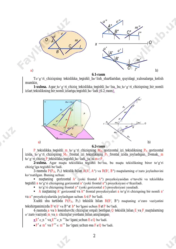 , bu to‘g‘ri chiziqning bir nomli izlari tekislikning bir nomli izlariga tegishli bo‘ladi (6.2-rasm). a) b) 6.2-rasm p tekislikka tegishli m to‘g‘ri chiziqning mh gorizontal izi tekislikning ph gorizontal izida, to‘g‘ri chiziqning mv frontal izi tekislikning pv frontal izida joylashgan. demak, m to‘g‘ri chiziq p tekislikka tegishli bo‘ladi, ya’ni mp. 2-xulosa. agar nuqta tekislikka tegishli bo‘lsa, bu nuqta tekislikning biror to‘g‘ri chizig‘iga tegishli bo‘ladi. 3-rasmda p(ph, pv) tekislik bilan a(a′, a″) va b(b′, b″) nuqtalarning o‘zaro joylashuvini ko‘rsatilgan. buning uchun:  nuqtaning gorizontal a′ (yoki frontal a″) proyeksiyasidan o‘tuvchi va tekislikka tegishli a to‘g‘ri chiziqning gorizontal a′ (yoki frontal a″) proyeksiyasi o‘tkaziladi.  to‘g‘ri chiziqning frontal a″ (yoki gorizontal a′) proyeksiyasi yasaladi.  a nuqtaning a′ gorizontal va a″ frontal proyeksiyalari a to‘g‘ri chiziqning bir nomli a′ va a″ proyeksiyalarida joylashgan uchun ap bo‘ladi. xuddi shu tartibda p(ph, pv) tekislik bilan b(b′, b″) nuqtaning o‘zaro vaziyatini tekshirganimizda b′b′ va b″ …