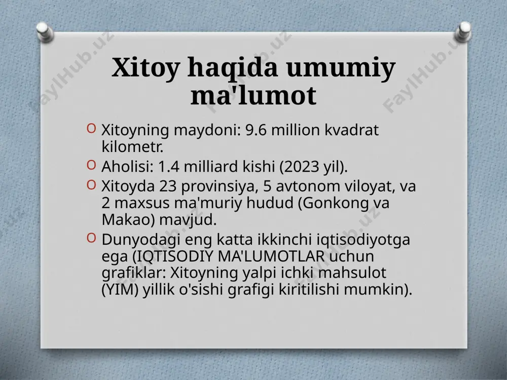 rmoqda. aeroport nomi yillik yo'lovchi oqimi (million) pekin daxing xalqaro aeroporti 100 shanxay pudong xalqaro aeroporti 80 guanchjou baiyun xalqaro aeroporti 73 statistika: temir yo'l infratuzilmasi xitoy temir yo‘l tarmog‘i dunyodagi eng keng va zamonaviylardan biri hisoblanadi. ayniqsa, tezyurar poezd tarmog‘i (high-speed rail) xitoy ichki turizmini juda qulay va samarali qilib qo‘ygan. tezyurar poezd tarmog‘i (hsr): xitoyda 2023 yilda 42,000 km dan ortiq tezyurar poezd tarmog‘i mavjud bo‘lib, bu dunyodagi eng uzun tarmoq hisoblanadi. poezdlar maksimal tezligi 350 km/soatgacha yetadi. bu turizm sohasiga katta ta'sir ko'rsatib, ichki va xalqaro sayohatlarni qulay va tez amalga oshirish imkonini beradi. mashhur yo'nalishlar: pekin-shanxay tezyurar poezdi xitoydagi eng gavjum yo‘nalishlardan biri bo‘lib, yiliga millionlab sayyohlar va ishbilarmonlar ushbu xizmatdan foydalanadi. pekin-guanchjou va chengdu-chongqing kabi boshqa yo‘nalishlar ham juda mashhur. yo'nalish masofa (km) sayohat vaqti (tezyurar poezd bilan) pekin-shanxay 1318 4,5 soat pekin-guanchjou 2200 8 soat chengdu-chongqing 505 1,5 soat statistika: mehmonxona tarmoqlari xitoy mehmonxona …