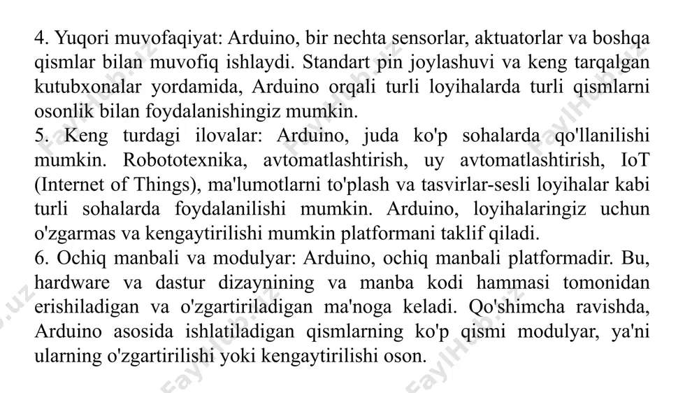 eklovlar sonini cheklashga chekish mumkinliklar mavjud bo'lishi mumkin. bu cheklovlar sonining cheklanishi, sizning loyihangizning cheklovlar sonini belgilash imkonini cheklash mumkin. 6. kuch cheklovlar: arduino mikrokontrollerlari, katta kuchni talab qiladigan loyihalarda kuch cheklovlariga ega emas. bu, mikrokontrolleringizga ulanish uchun kerakli kuchni ta'minlash talab qiladi. agar sizning loyihangizda katta ma'lumotlar, yuqori kuchli aktuatorlar yoki qurilmalar ishlatilishi kerak bo'lsa, kuchning cheklanishi va ta'minlashi muhim bo'ladi. 7. kompleks tukli elektronika: arduino platformasi o'rtacha va oddiy tadbirlar uchun mo'ljallangan bo'lib, katta miqdordagi kompleks elektronika loyihalariga ta'sir qilmaydi. agar sizning loyihangiz katta miqdordagi kamchiliklarni talab qilsa, avvalgi moslashtirishlar yoki boshqa mikrokontroller platformalari siz uchun yaxshi bo'lishi mumkin. 8. tezlik cheklovlarining cheklanishi: arduino-ni ishga tushirish va kodni bajarish jarayonida tezlik cheklovlarining cheklanishi mumkin. bu, qisqa vaqt oralig'ida ishga tushirilgan cheklovlar sonining yuqori cheklanishi, loyihada xatoliklarga olib kelishi mumkin. bu sababli, tezlik cheklovlarining cheklanishi va loyihaning to'g'ri ishlashi uchun cheklovlar sonida to'g'ri sozlash kerak. arduino orqali nimalar qilish …
