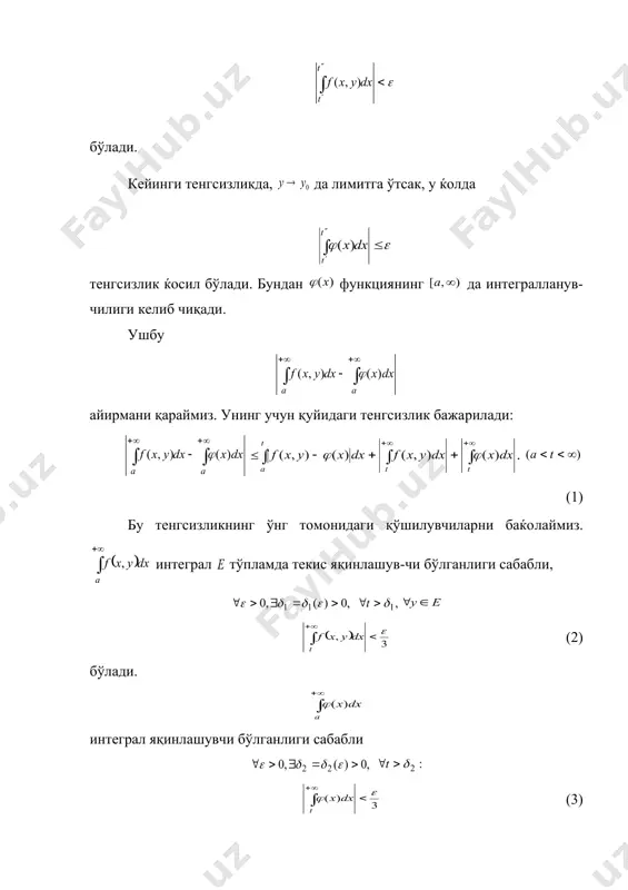 чи. унда embed equation.3: (5) бўлади. равшанки, функция тўпламда текис узлуксиз бўлади. унда embed equation.3 (6) бўлади. агар дейилса унинг учун (5) ва (6) тенг​сиз​лик​лар бир йўла бажарилади. (5) ва (6) муносабатларни эътиборга олиб топамиз: демак, . бу эса функциянинг оралиқда узлуксизлигини бил​ди​ради. ► 2-мисол. ушбу интеграл параметр нинг узлуксиз функцияси бўлиши кўрса​тилсин. ◄ берилган интегралда алмаштириш бажарамиз. унда бўлиб, бу йиғиндининг ќар бир қўшилувчиси нинг узлуксиз функцияси бўлгани учун берилган интеграл параметр нинг узлуксиз функцияси бўлади. ► 30. функцияни дифференциаллаш. фараз қилайлик функция тўпламда берилган бўлсин. 3-теорема. функция қуйидаги шартларни қаноатлан​тир​син: 1) функция тўпламда узлуксиз; 2) хусусий ќосила мавжуд ва у тўпламда узлуксиз; 3) ќар бир тайин да интеграл яқинлашувчи; 4) ушбу интеграл да текис яқинлашувчи. у ќолда функция да ќосилага эга ва бўлади. ◄ нуқталарни олиб, топамиз: . лагранж теоремасига кўра , , бўлади. демак, . (7) шартга кўра функция тўпламда узлуксиз. кантор теоремасига биноан у тўпламда текис …