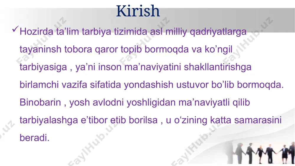 chiga bugun o’rganiladigan harf arashlashtirib qo’yiladi, bolalar uning ichidan notanish harfni ajratadilar, so’ng o’qituvchi bu harf ifodlaydigan tovushni aytadi. 1.2. o’qish va yozuv darslarining o’ziga xos xususiyatlari nimada? savod o’rgatish analitik-sintetik tovush metodida olib boriladi. so’z bo’g’inga ajratiladi, bo’g’indan kerakli – o’rganilayotgan tovush ajratilib olinadi, tahlil qilinadi, o’rganilgan harf bilan sintezlanadi. hozirgi o’zbek tili unlilar sistemasi: a) o, u, o’, e, i, a. savod o’rgatishda tovush-harf bilan tanishtirish unlilardan boshlanadi o’quvchilar nutqi uchun qayg’urish. darsda adabiy til nuqtai nazaridan to’g’ri, ifodali, obrazli, aniq, logik nutq eshittirish. darsda nutq madaniyati hukmron bo’ladi. o’qish va yozuv ko’nikma malakalarini shakllantirish mashqlari darsda etakchi o’rinni egallab taxminan, darsning 3\2 qismiga to’g’ri kelishi lozim. so’ngra ona tili darslariga qo’yiladigan talablar sanab ko’rsatiladi. savod o’rgatish davrida o’quvchilar bilimi dars jarayonida ishlarga bog’lab aniqlanadi, bog’lanishli nutqni o’stirish ham o’qish va yozuv darslariga uzviy bog’lanib ketadi. o’quvchilarning sinfdan tashqari o’qishlariga rahbarlik qilishlariga haftada bir marta 20 daqiqa ajratiladi. …