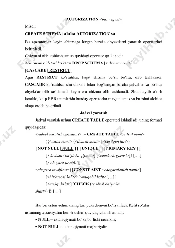 b tashlanadi, keyin esa chizma olib tashlanadi. shuni aytib o‘tish kerakki, ko‘p bbb tizimlarida bunday operatorlar mavjud emas va bu ishni alohida aloqa orqali bajariladi. jadval yaratish jadval yaratish uchun create table operatori ishlatiladi, uning formati quyidagicha: ::= create table ({ { | } [ not null | null ] [ [ unique ] | [ primary key ] ] [ ] [ ]} [,…] [, ]) ::={ [constraint ] [ ] [ [, ...] ] [ ] [check ( ) ]} [, ...] har bir ustun uchun uning turi yoki domeni ko‘rsatiladi. kalit so‘zlar ustunning xususiyatini berish uchun quyidagicha ishlatiladi:  null – ustun qiymati bo‘sh bo‘lishi mumkin;  not null – ustun qiymati majburiydir;  primary key – ustun birlamchi kalit;  unique – ustun qiymati noyob;  default – ustun uchun kelishuv bo‘yicha qiymat berish;  check – ustun uchun chegara berish. qolgan parametrlar jadvalga tegishli, bo‘lib …