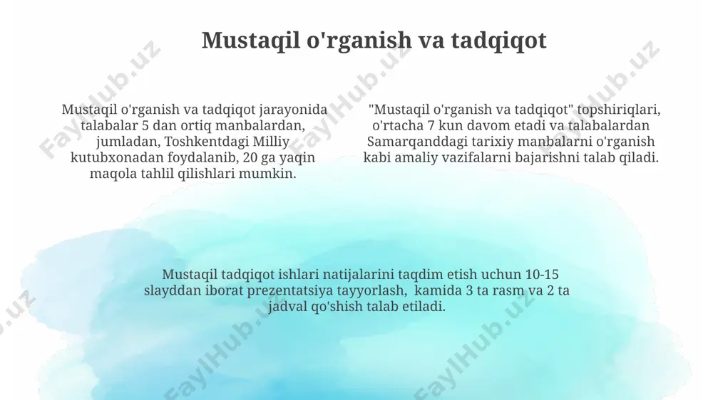 ida 200 dan ortiq mamlakatning iqtisodiy hamkorligi kuchayib, xalqaro savdo hajmi 2022 yilda 28 trillion aqsh dollariga yetdi. axborotni tahlil qilish va umumlashtirish o'zbekistonning 3 ta yirik shahri – toshkent, samarqand va buxoroda o'tkazilgan so'rovnomalarning natijalarini umumlashtirishda, 1500 dan ortiq javob qayta ishlandi va 3 ta asosiy xulosaga kelindi. axborotni tahlil qilish va umumlashtirish jarayonida, samarqanddagi 500 dan ortiq talaba ishtirok etgan tadqiqotda, ma'lumotlarning 70%i grafik ko'rinishda taqdim etilganligi samaradorlikni oshirdi. andijon viloyatida o'tkazilgan 2023 yilgi 10 ta eksperiment natijalarini tahlil qilib, o'rtacha 25% ga samaradorlik oshganligi aniqlandi, bu esa yangi uslublarning samaradorligini ko'rsatadi. natijalarni taqdim etish va baholash andijon viloyatidagi maktablarda 1000 dan ortiq o'quvchilar ishtirok etgan eksperiment natijalari, o'z-o'zini baholash uslubining o'quvchilarning motivatsiyasi va natijalariga ijobiy ta'sir ko'rsatganini tasdiqladi. samarqanddagi 50 talaba orasida o'tkazilgan so'rov natijalariga ko'ra, 80% talaba topshiriqlarni o'z vaqtida topshirishda qiyinchiliklarga duch kelmoqda, bu esa baholash tizimini qayta ko'rib chiqish zaruratini ko'rsatadi. toshkentdagi 3 ta …