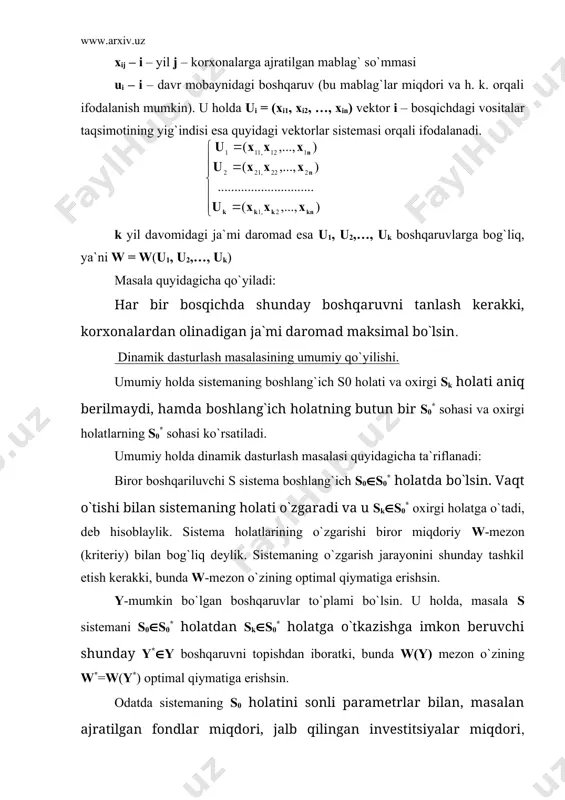 y-mumkin bo`lgan boshqaruvlar to`plami bo`lsin. u holda, masala s sistemani s0оs0* holatdan skоs0* holatga o`tkazishga imkon beruvchi shunday y*оy boshqaruvni topishdan iboratki, bunda w(y) mezon o`zining w*=w(y*) optimal qiymatiga erishsin. odatda sistemaning s0 holatini sonli parametrlar bilan, masalan ajratilgan fondlar miqdori, jalb qilingan investitsiyalar miqdori, sarflangan yonilg`i miqdori va h.k. bilan ifodalash mumkin. bu parametrlarni sistemaning koordinatalari deb ataymiz. u holda sistemaning holatini s nuqta bilan va uning bir s1 holatdan s2 holatga o`tishini esa s nuqtaning trayektoriyasi bilan tasvirlash mumkin. x1 0 x2 s0* sk*