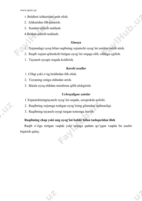 yelkasi bilan gilamga yiqitish. ushlash variantlari 1. yoqa va yengdan. 2. ikki yoqadan. 3. yoqa va yeng umizidan. 4. ikkala yeng umizidan. 5. yoqa va yaktakning orka-bel kismidan. aldamchi xarakatlar 1. elkadan oshirib tashlash. 2. oldindan chalish. 3. orqadan chalish. 4. beldan oshirib tashlash. 5. ichkaridan, oyoq tovonidan supurish. himoya 1. xujumdagi oyokni orkada qoldirib, yon bilan burilish. 2. xujumdagi oyogini raqibning xujumkor oyogi ustidan oshirib o`tkazish. 3. xujumchini qullar bilan itarib, oyoqlarini ilib tortishiga yo`l bermaslik. 4. tayanch oyog`ini orqada koldirish. karshi usullar l. xujumdagi oyogini yon tomondan supurish. 2. kdyishgan xolda uloqtirish. 3. tayanch oyog`ini oldindan urish. 4. quchoklab, songa mindirib, orqaga tashlash. uchraydigan xatolar 1. raqibning xujumdagi oyog`i yetarli yuklanmagan. 2. kurashchining tayanch oyog`i yaxshi, mustaxkam kuyilmagan. 3. uloqtirish raqibining tayanch oyogi yunalishga karatilgan. 4. xujumchi kurashchi raqibni yetarlicha quchoklab oyogini orqadan kuyib, soniga tug`ri mindirib olmagan. kurash usullari kurashchi raqib yaktagini qulay joyidan ushlab, muvozanatdan chiqarib, …