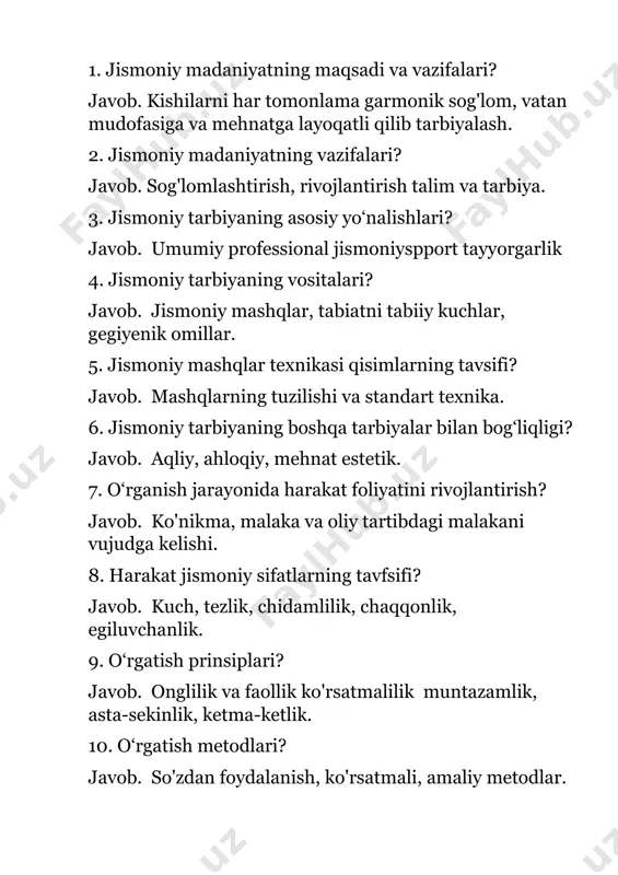 . jismoniy tarbiyada pedogogik tatqiqot olib borishda muhim bo‘laklar? javob. tadqiqotni o'tkazishga tayyorgarlik, o'tkazish, kuzatish, xronometraj. 21. maktab o‘quvchilarini jismoniy tarbiyasini vazifalari? javob. sog'lomlashtirish, talim, tarbiya, garmonik rivojlantirish. 22. bolalar o‘smirlar sport maktabini turlari? javob. ko'p profildagi va mutaxasislashgan, ihtisoslashgan. 23. sport trenirovkasini asosiy vositalari? javob. jismoniy mashqlar, sport turlari umumiy va maxsus tayyorgarlik mashqlari. 24. sport trenirovkasining davrlarini aniqlang? javob. tayyorlov, musobaqa, o'tish. 25. jismoniy tarbiya tizimi asosan? javob. mafkuraviy-g'oyaviy, ilmiy metodik, dasturiy-miqdoriy asoslari. 26. maktabgacha yoshdagi bolalar jismoniy tarbiyasini vazifasi? javob. soglomlashtirish, ta'lim tarbiya. 27. yasli yoshdagi bolalarni jismoniy tarbiyasini uyushtirish formalari? javob. yakka, guruh, frontal. 28. maktabda o’quvchilarni jismoniy tarbiyasini uyushtirish? javob. dars, faol dam olish, sinfdan tashqari ishlar. 29. jismoniy tar biyani maktabdan tashqari amalgam oshiradigan muasasalar? javob. busm, aholi yashaydigan joy, oromgohlar, dam olish o'yingohlari. 30. maktab o`quvchilarini jismoniy rivojlanishini baholash? javob. texnik, taktik, tayyorgarligi. 31. maktabda o’tkaziladigan musobaqalarni sinov haraktiri? javob. shaxsiy, shxsiy-jamoa, jamoa. …