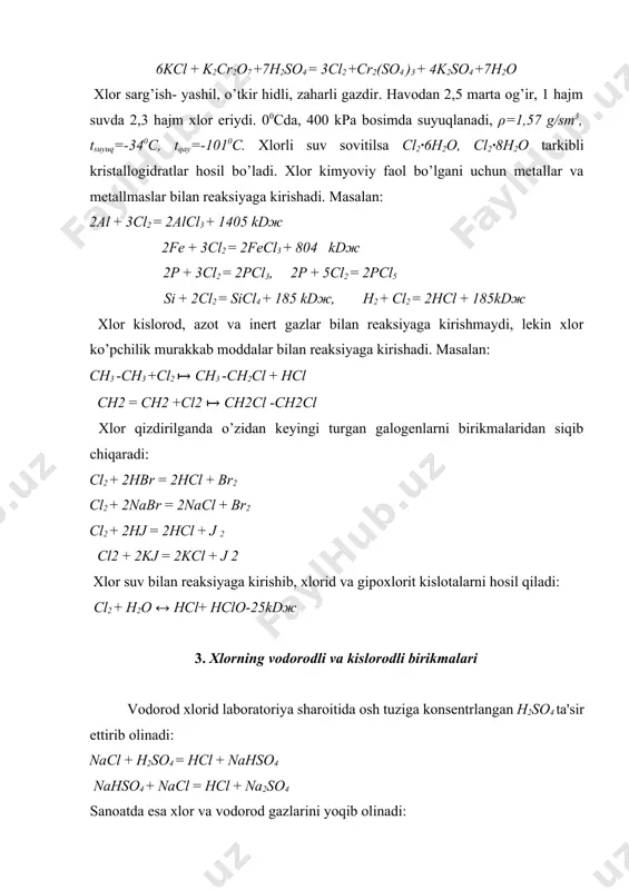 haroratda xlor ta'sir ettirib olinadi, xona haroratida esa parchalanib ketadi: xlor (i)- oksidi ishqorlar, suv bilan reaksiyaga kirishib gipoxlorit kislotasini va uning tuzlarini hosil qiladi: cl2o + h2o = 2hclo cl2o + 2naoh = 2naclo + h2o hclo- kuchli oksidlovchi, ammo kuchsiz kislotadir. suvli eritmalarida barqaror bo’lib, uzoq vaqt saqlansa parchalanib ketadi. gipoxlorit kislota va uning tuzlari qizdirilganda xlorat kislota va uning tuzlari hosil bo’ladi: xlor (iv)- oksidi sabzi rangli, o’tkir hidli beqaror, portlovchi gazdir. xloratlarga qaytaruvchilar ta'sir ettirib olinadi: 2kclo3+so2+h2so4 =2clo2+2khso4. clo2 ga to’g’ri keladigan kislota olinmagan, lekin u suv bilan birikib, xlorit- hclo2 va xlorat- hclo3 kislotalarni hosil qiladi: 2сlo2 + h2o = hclo2 + hclo3 xlorit va xlorat kislotalar suvli eritmalarida mavjud bo’ladi. xlor (iv)- oksidi ishqorlar bilan reaksiyaga kirishib, xlorit va xlorat kislota tuzlarini hosil qiladi: 2clo2 +2koh = kclo2 + kclo3+ h2o xlorat kislota va uning tuzlari qizdirilganda parchalanib perxloratlarni hosil qiladi: xlor (vi)- oksidi …