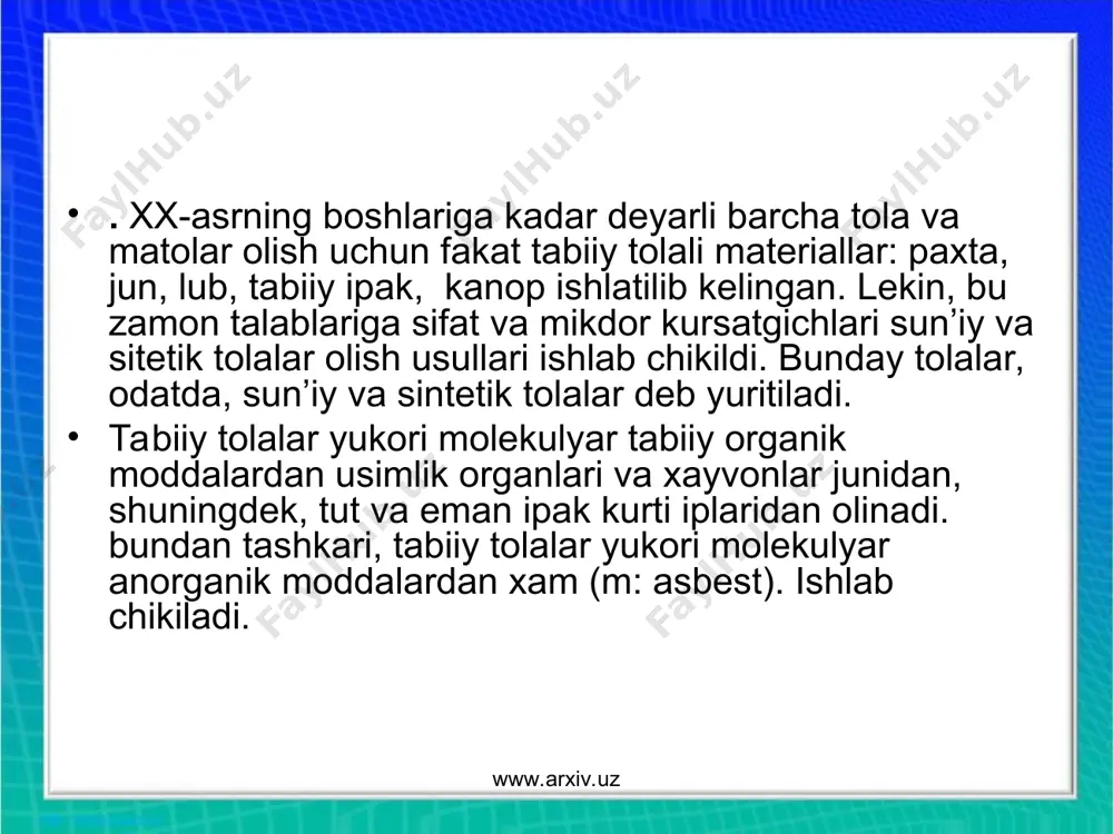 n ko`rinishda. tolalarning uzunligi har xil bo`lishi mumkin. elementar tolalaming chiziqli zichligi 0,27 - 0,66 teks, ko`ndalang kesimi 25 - 60 mkrn. viskoza iplarning yo`g`onligi ularni hosil qiladigan elementar tolalarning yo`g`onligi va soniga bog`liq bo`ladi. tolalarning pishiqligi tsellyuloza molekulalarining joylashuviga bog`liq bo*ladi. normal viskoza tolalarning pishiqligi tabiiy ipaknikidan past, juda pishiq viskoza tolalaridan esa ancha yuqori. oddiy tolalarning nisbiy uzilish nagruzgasi 9,8 kn/teks; juda pishiq tolalarniki 45 kn/teksgacha, ho'1 holatda pishiqligi 50-60% gacha pasayadi. normal tolalarning uzilishdagi uzayishi 22%ga, juda pishiq tolalarniki 6 - 10% gayetadi. to`liq uzayishning anchagina qoldiq deformatsiya tashkil etadi. shuning uchun viskoza tolalardan tayyorlangan buyumlar ancha g`ijimlanuvchi bo`ladi. www.arxiv.uz www.arxiv.uz polinoz tola. polinoz tola viskoza shtapel tolaning bir xili bo`lib, xossalari jihatidan uzun tolali paxta tolalarining xossalariga yaqin turadi. polinoz tolalar ishlab chiqarish jarayoni oddiy viskoza tolalar olish jarayoniga o`xshaydi. polinoz tolalarning asosiy ko`rsatkichlari: chiziqii zichligi 0,166 - 0,126 teks, uzilishdagi uzayishi 12 - 14%, ho'l …