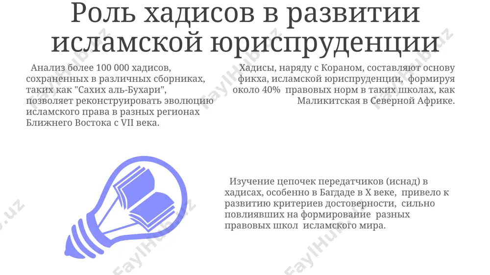 х сборниках, как "сахих аль-бухари", позволяет понять эволюцию исламской мысли в различных регионах, таких как египет и ирак. значение хадисов в формировании мировоззрения анализ хадисов, содержащих около 3000 повествований о жизни пророка мухаммада (мир ему), способствует пониманию ислама как целостной системы верований и практик, формируя духовное мировоззрение. изучение хадисов, насчитывающих более 700000 текстов, влияет на формирование этических норм, определяя поведение мусульман в разных регионах мира, таких как марокко и индонезия. в хадисах, собранных в таких сборниках, как "сахих аль-бухари", содержится более 4000 высказываний о значении образования и знания, что оказывает глубокое влияние на формирование ценностей учащихся в мусульманских общинах средней азии. спасибо за внимание @taqdimot_robot image1.jpeg image2.jpeg image3.jpeg
