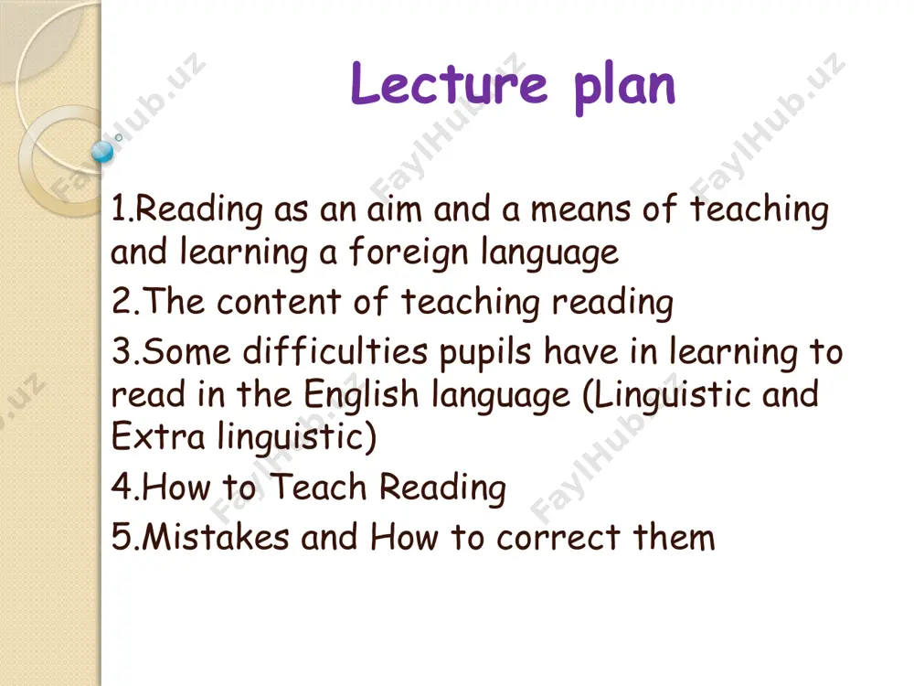 this depends on who the students are ( if they are business people, if they are science students etc). among the things the teacher might want his/her students to read are: magazine articles, letters, stories, menus, advertisements, reports, play extracts, recipes, instructions, poems, and reference materials. 3.some difficulties pupils have in learning to read in english (linguistic and extra linguistic) 4.how to teach reading the role of the teacher in teaching reading: organizer observer feedback organizer prompter the role of the teacher in teaching reading: organizer: we need to tell students exactly what their reading purpose is, and give them clear instruction about how to achieve it, and how long they have to do it. observer: when we ask students to read on their own we need to give them space to do so. while students are reading we can observe their progress since this will give us valuable information …