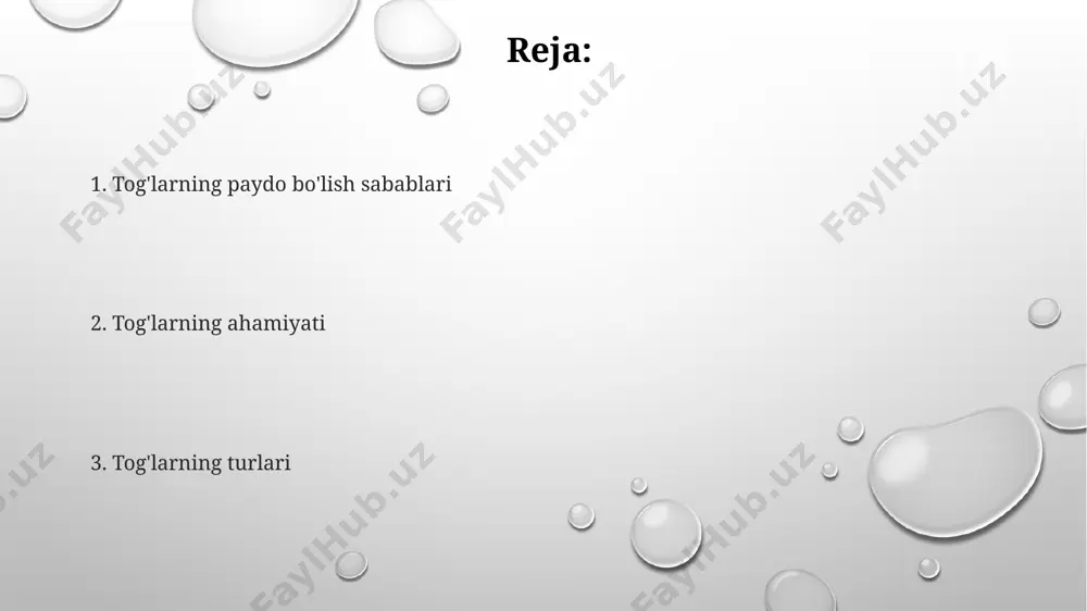 ancha kengroq boʻladi. togʻlarning yoshi geologik davrlarga bogʻliq boʻlib, ba'zi togʻ tizmalari million yillar avval hosil boʻlgan boʻlsa, boshqalari nisbatan yangi geologik jarayonlar natijasida shakllangan. togʻlarning relyefi balandlikka qarab oʻzgaradi, masalan, 2000 metrdan yuqori balandliklarda alp relyefi, muzliklar va tik yon bagʻirlar ustunlik qiladi, pastroqda esa oʻrmonli va yumshoqroq yon bagʻirlar kuzatiladi. togʻlarning ahamiyati va muhofazasi tog'larning 70% dan ortiq qismi global suv ta'minotining asosiy manbai hisoblanadi va ularning buzilishlari suv inqiroziga olib kelishi mumkin. tog'li hududlarning bioxilma-xilligi yuqori bo'lib, 25% ga yaqin endemik turlarni o'z ichiga oladi, shuning uchun ularning muhofazasi muhim ahamiyatga ega. tog'larda 1500 dan ortiq turdagi dorivor o'simliklar o'sadi, ularning yo'qolishi tibbiyot va farmatsevtika sohasida katta yo'qotishlarga olib keladi. e'tiboringiz uchun rahmat @taqdimot_robot image1.png image2.png image3.png
