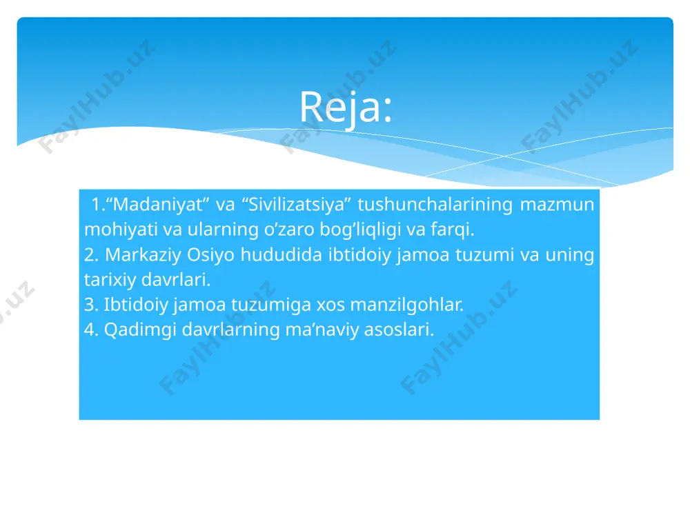 lanishi, jamiyatning rivojlanish darajasi, moddiy va ma’naviy madaniyatning yuksalishi, qabilalar va xalqlar o’rtasidagi o’zaro munosabatlarni o’z ichiga oladi sivilizatsiya o’zi nima? ma’lumotlarga qaraganda yer yuzida odamlar bundan 3,5 -3 million yillari ilgari (ayrim manbalarda 3–2 million yillari ilgari) paydo bo’lgan. odamlarning kelib chiqishi va rivojlanishi tarix fanida antropogenez deb ataladi (“antropos” – odam, “genezis” – rivojlanish).odamning dastlabki makonlari sharqiy afrikaning olduvay darasi, indoneziyaning yava oroli bo’lgan. bu odamlar pitekantroplar bo’lib, “janub maymuni” deb atalgan. biroq yaqinda olimlar efiopiyadan 20 yoshli ibtidoiy ayolning suyak qoldiqlarini topishdi (arxeolog r.sulaymonov ma’lumotlari). dastlabki odamlar fan tilida homo habilis – “ishbilarmon odamlar” deb yuritilgan. “ishbilarmon odamlar”ning vakillari bo’lmish zinjantrop va avtralopiteklar (lotincha janub maymuni) bundan 3–2 million yillar oldin yashaganlar. pitekantroplar miloddan 700–600 ming yillar, sinantroplar esa (xitoy odami) 600–500 ming yillar ilgari yashagan. ular ilk paleolit davri odamlari hisoblanadi. o’zbekiston hududidan eng qadimgi odamlar ilk paleolit davrida taxminan 700–500 ming yillar oldin paydo bo’lgan. …